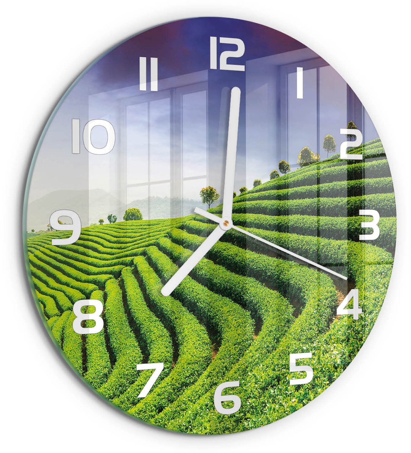 TULUP Wandklok - Theeplantage Klok Glas Met Opdruk - fi30 cm - Groente Moderne Wandklok Glas - Witte handen - Ronde Klok - Decoratieve Glazen Klok - Glazen Wandklok Design