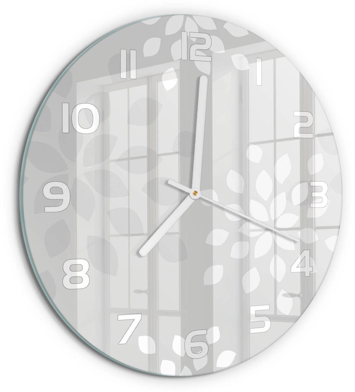 TULUP Wandklok - Bloemenpatroon Wandklok Glas Met Motief - fi30 cm - Grijs Decoratieve Glazen Klok - Witte handen - Ronde Klok - Gekleurde Glazen Klok - Glazen Klok Met Print