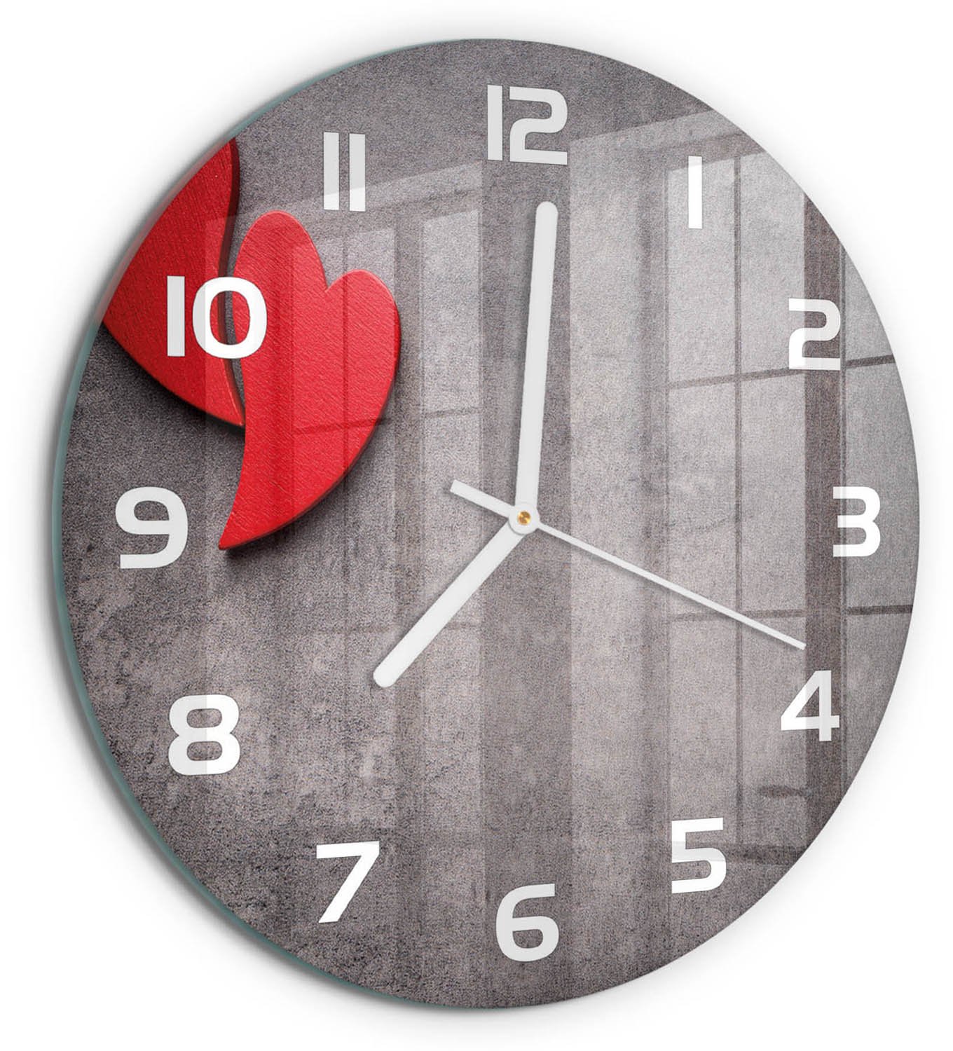 TULUP Wandklok - Rode harten Wandklok Glas Met Motief - fi30 cm - Rood Decoratieve Glazen Klok - Witte handen - Ronde Klok - Gekleurde Glazen Klok - Glazen Klok Met Print