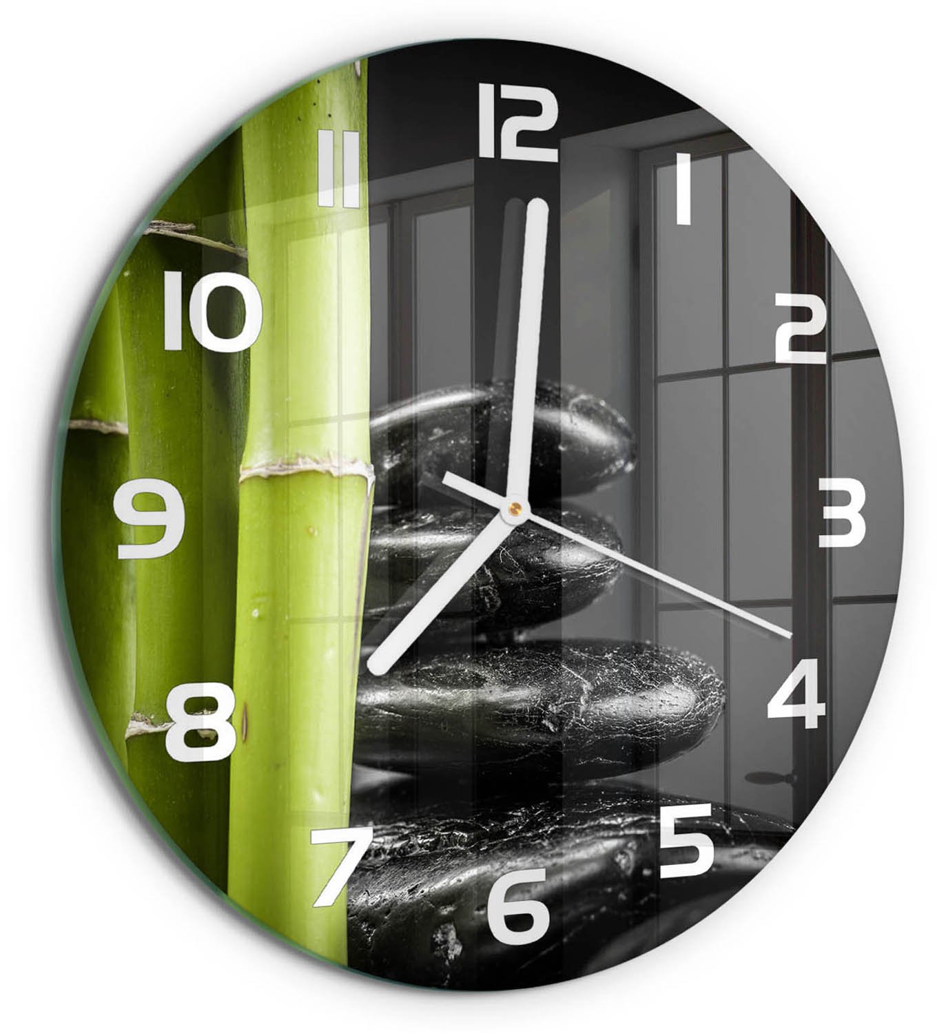 TULUP Wandklok - Bamboe Wandklok Glas Decoratie - fi30 cm - Zwart Gekleurde Glazen Klok - Witte handen - Ronde Klok - Klok Glas Met Opdruk - Moderne Wandklok Glas