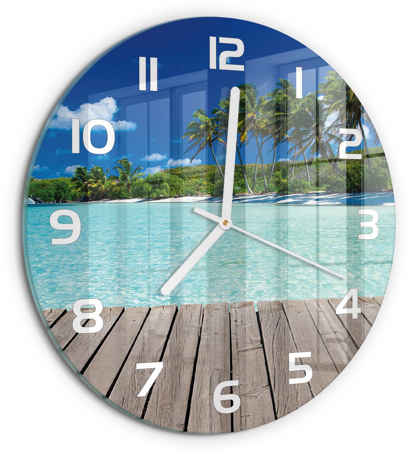 TULUP Wandklok - Tropisch strand Wandklok Glas Met Motief - fi30 cm - Groente Decoratieve Glazen Klok - Witte handen - Ronde Klok - Gekleurde Glazen Klok - Glazen Klok Met Print