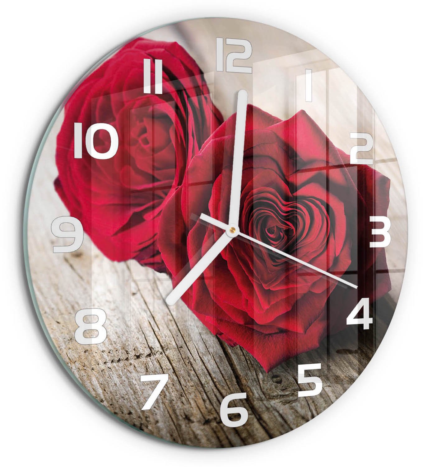 TULUP Wandklok - Rozen op hout Gekleurde Glazen Klok - fi30 cm - Rood Glazen Klok Met Print - Witte handen - Ronde Klok - Moderne Wandklok Glas - Wandklok Glas Decoratie