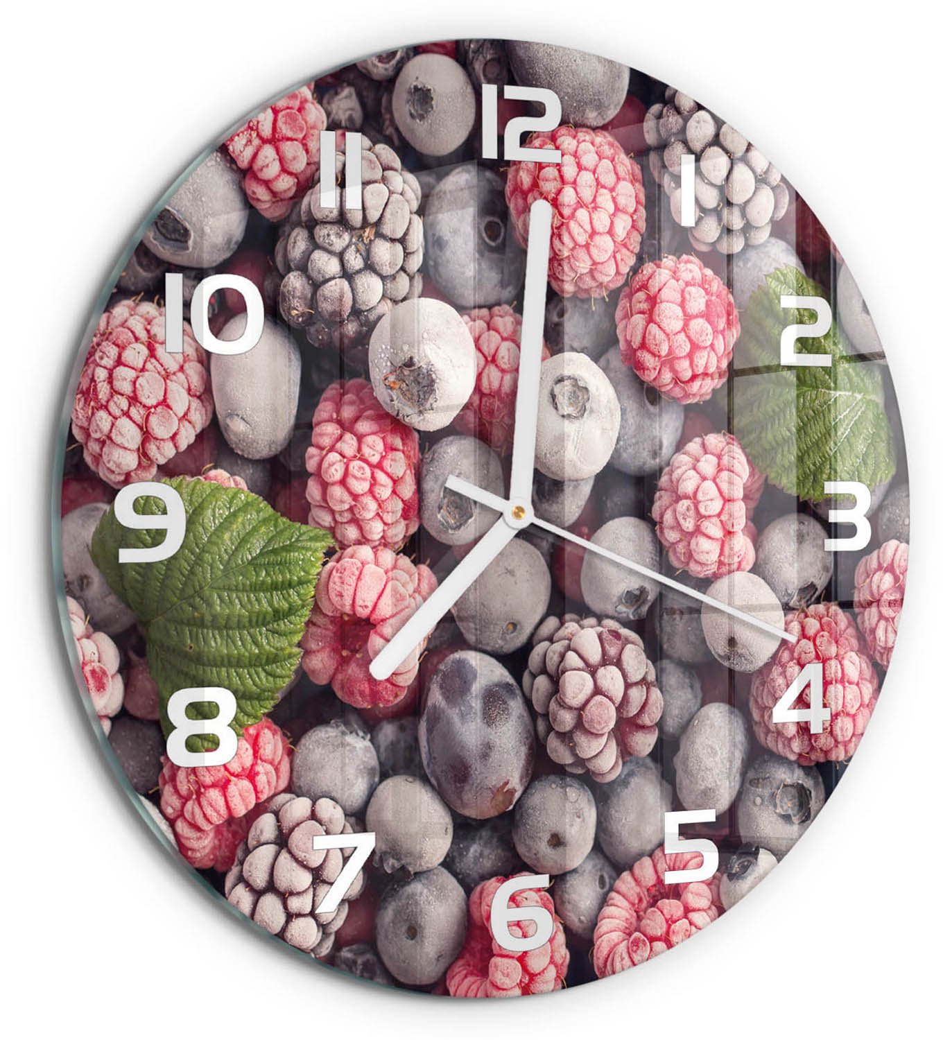 TULUP Wandklok - Bevroren bosvruchten Glazen Wandklok Design - fi30 cm - Blauw Klok Glas Met Opdruk - Witte handen - Ronde Klok - Wandklok Glas Met Motief - Decoratieve Glazen Klok
