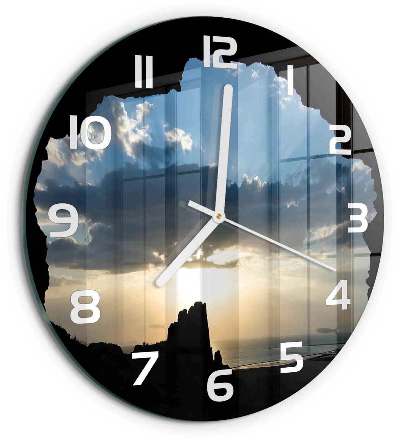 TULUP Wandklok - Zonsondergang Klok Glas Met Opdruk - fi30 cm - Blauw Moderne Wandklok Glas - Witte handen - Ronde Klok - Decoratieve Glazen Klok - Glazen Wandklok Design