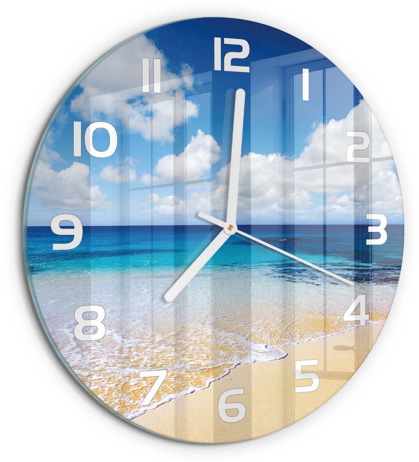 TULUP Wandklok - Kalme zee Glazen Klok Met Print - fi30 cm - Blauw Wandklok Glas Met Motief - Witte handen - Ronde Klok - Wandklok Glas Decoratie - Gekleurde Glazen Klok