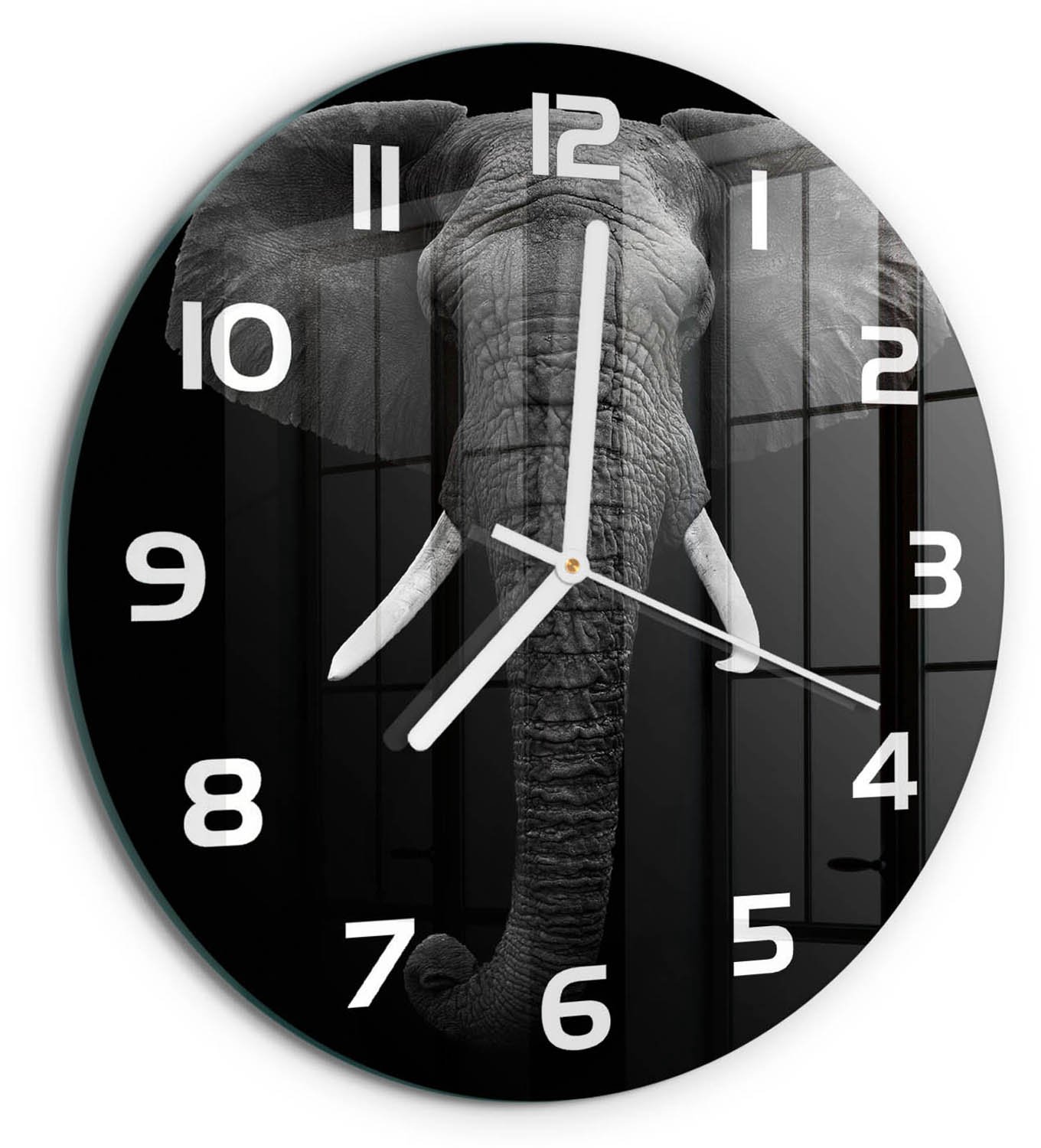 TULUP Wandklok - Afrikaanse olifant Gekleurde Glazen Klok - fi30 cm - Zwart-wit Glazen Klok Met Print - Witte handen - Ronde Klok - Moderne Wandklok Glas - Wandklok Glas Decoratie