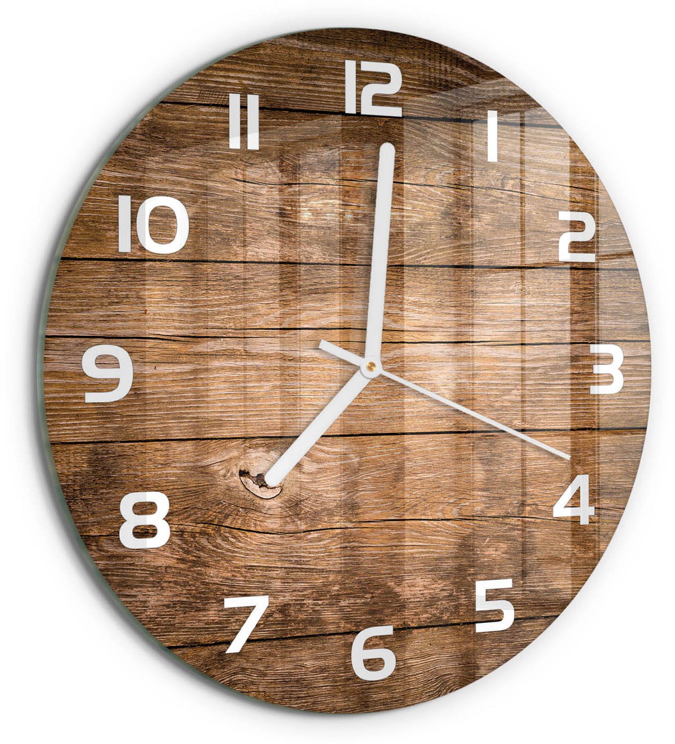 TULUP Wandklok - Houten achtergrond Glazen Klok Met Print - fi30 cm - Bruin Wandklok Glas Met Motief - Witte handen - Ronde Klok - Wandklok Glas Decoratie - Gekleurde Glazen Klok