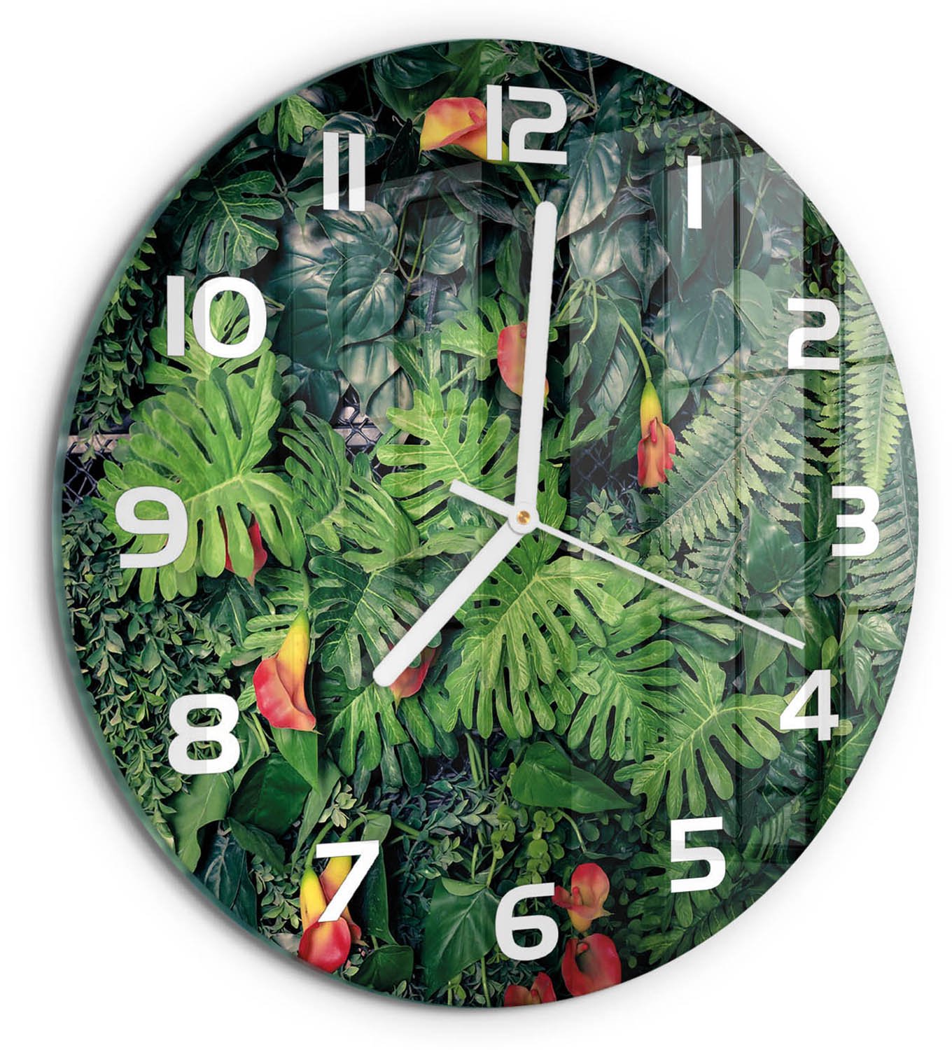 TULUP Wandklok - Exotische jungle Wandklok Glas Decoratie - fi30 cm - Groente Gekleurde Glazen Klok - Witte handen - Ronde Klok - Klok Glas Met Opdruk - Moderne Wandklok Glas
