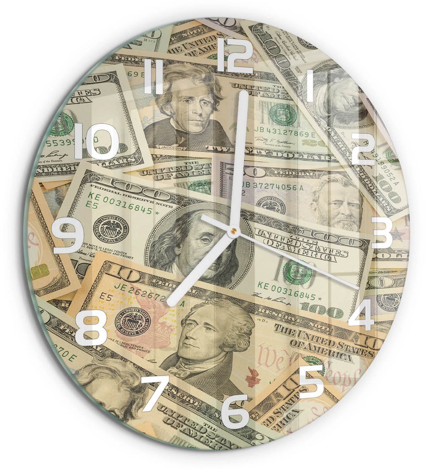 TULUP Wandklok - Dollarbankbiljetten Glazen Klok Met Print - fi30 cm - Beige Wandklok Glas Met Motief - Witte handen - Ronde Klok - Wandklok Glas Decoratie - Gekleurde Glazen Klok