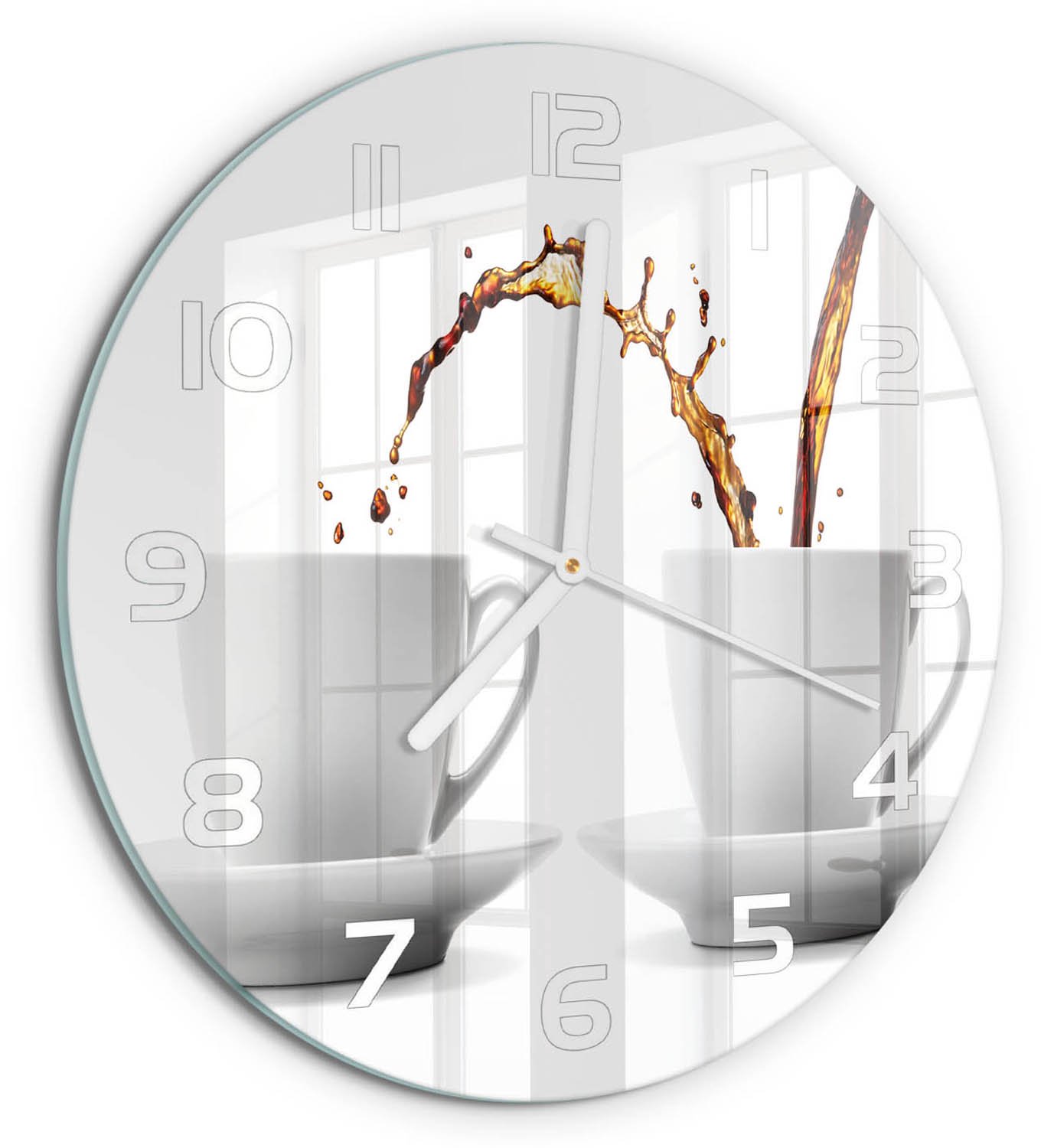 TULUP Wandklok - Lekkende koffie Wandklok Glas Met Motief - fi30 cm - Bruin Decoratieve Glazen Klok - Witte handen - Ronde Klok - Gekleurde Glazen Klok - Glazen Klok Met Print