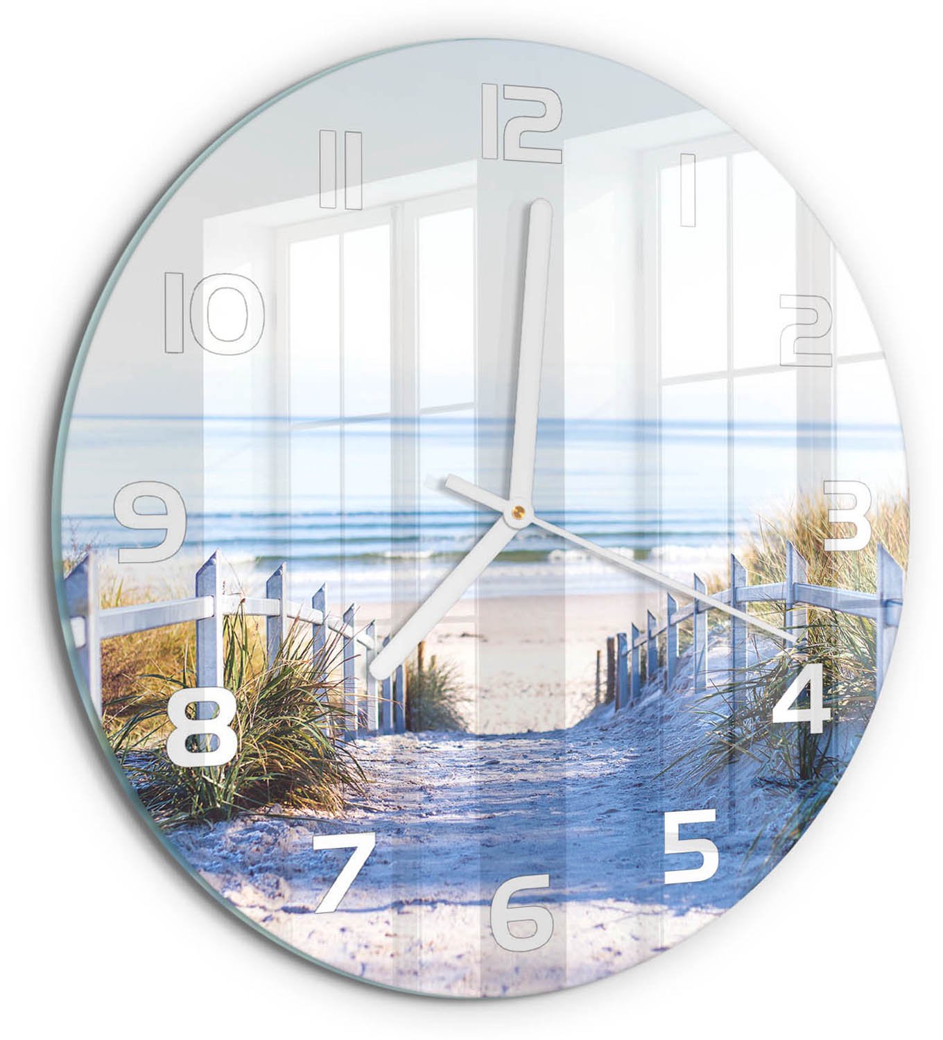 TULUP Wandklok - Kustduinen Wandklok Glas Met Motief - fi30 cm - Beige Decoratieve Glazen Klok - Witte handen - Ronde Klok - Gekleurde Glazen Klok - Glazen Klok Met Print
