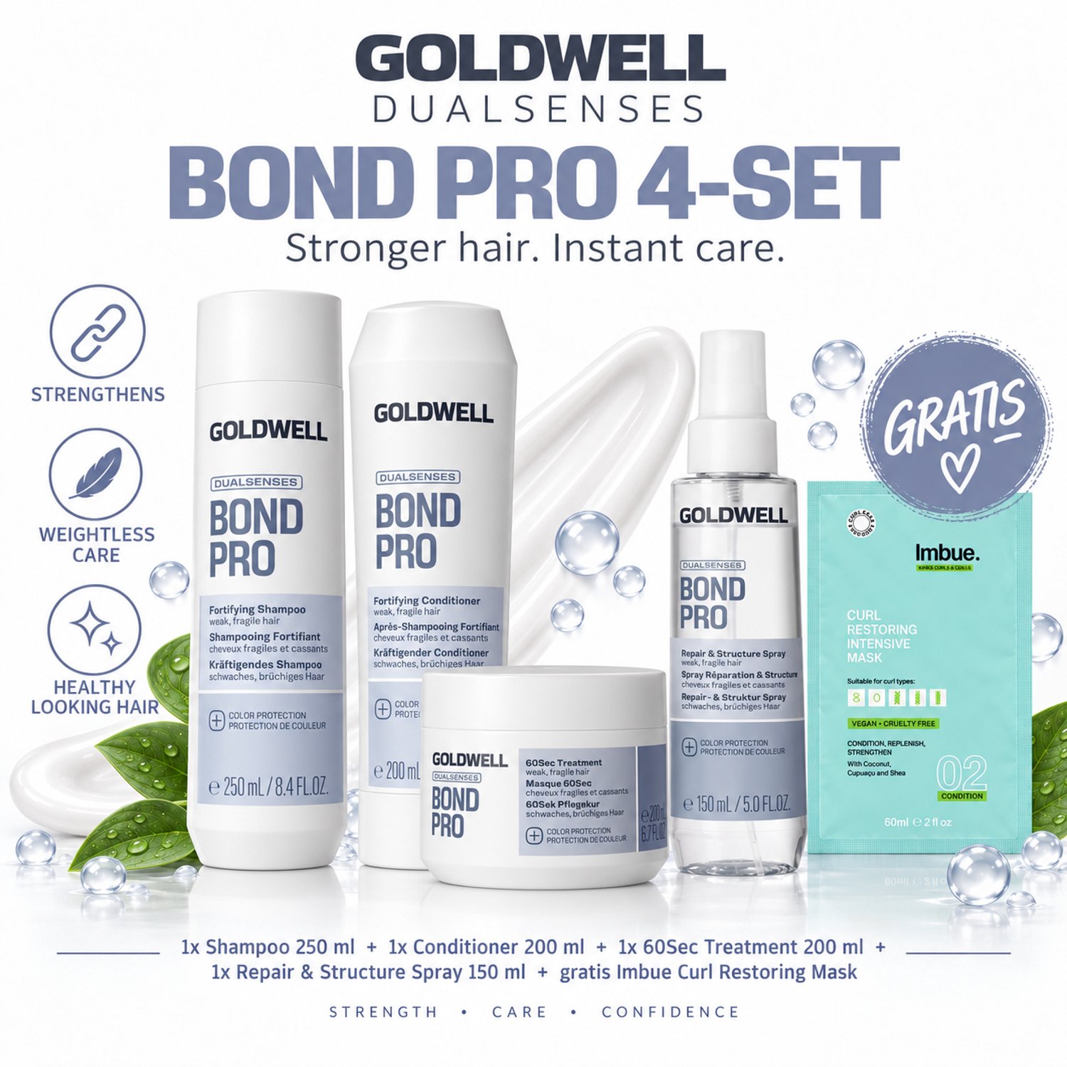 Goldwell Dualsenses Bond Pro Shampoo, Conditioner, 60Sec Treatment & Repair & Structure Spray + Gratis Imbue Masker