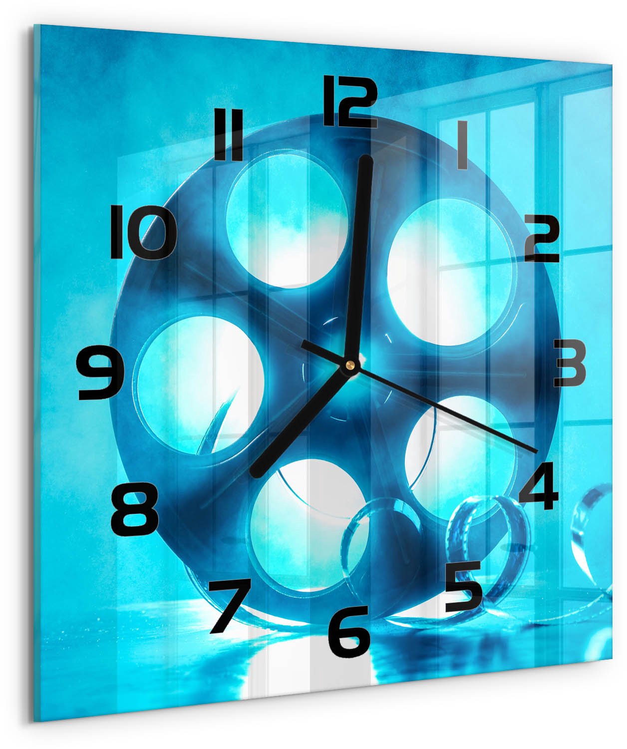 TULUP Wandklok - Filmrol Klok Glas Met Opdruk - 30x30 cm - Blauw Moderne Wandklok Glas - Zwarte handen - Vierkante Klok - Decoratieve Glazen Klok - Glazen Wandklok Design