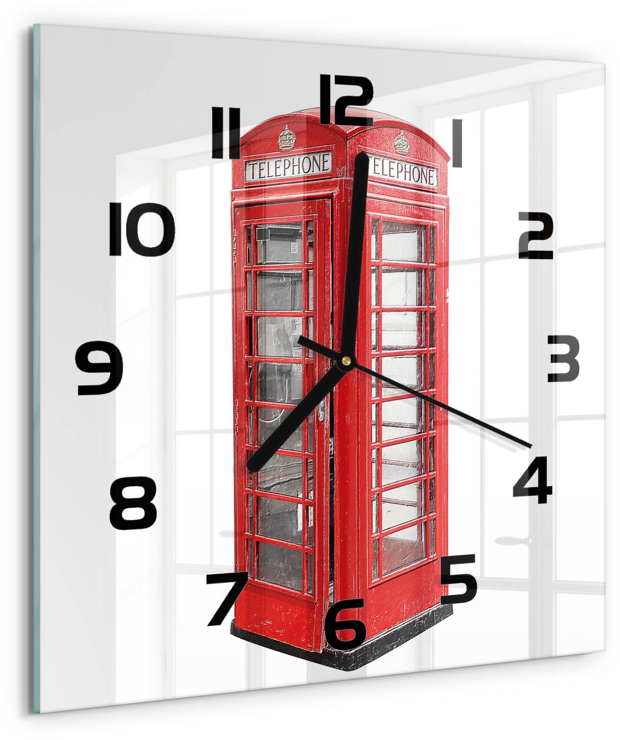 TULUP Wandklok - Openbare telefoon Wandklok Glas Decoratie - 30x30 cm - Rood Gekleurde Glazen Klok - Zwarte handen - Vierkante Klok - Klok Glas Met Opdruk - Moderne Wandklok Glas