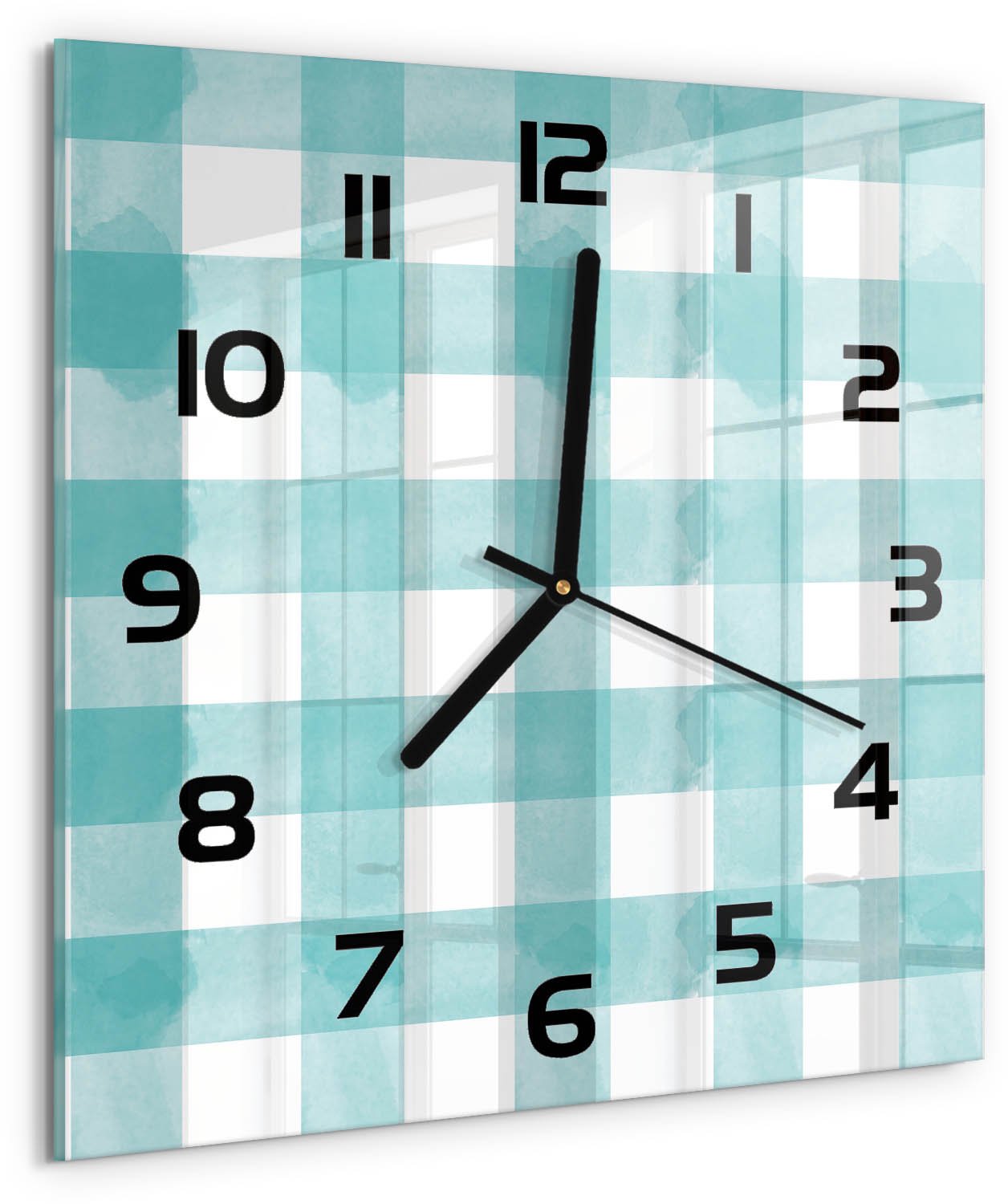 TULUP Wandklok - Blauw raster Moderne Wandklok Glas - 30x30 cm - Blauw Wandklok Glas Decoratie - Zwarte handen - Vierkante Klok - Glazen Wandklok Design - Klok Glas Met Opdruk