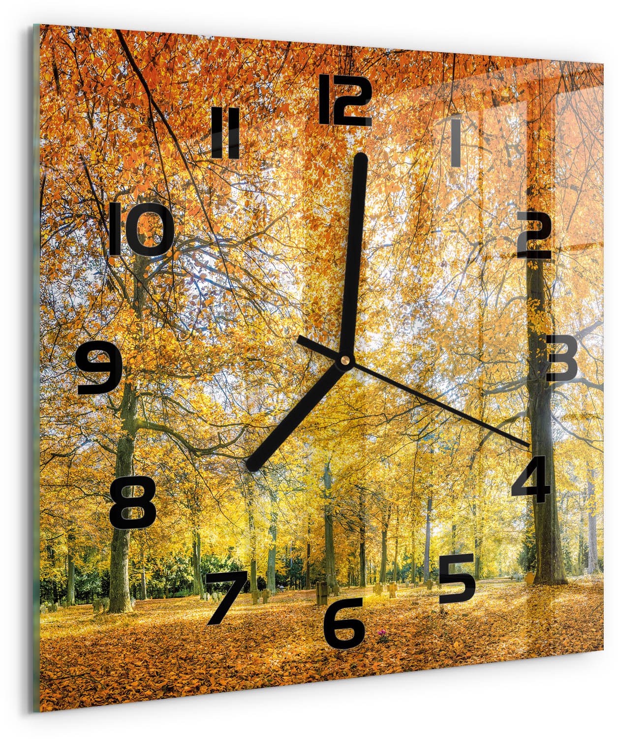 Tulup Wandklok - Herfstbos Glazen Klok Met Print - 30x30 cm - Oranje Wandklok Glas Met Motief - Zwarte handen - Vierkante Klok - Wandklok Glas Decoratie - Gekleurde Glazen Klok