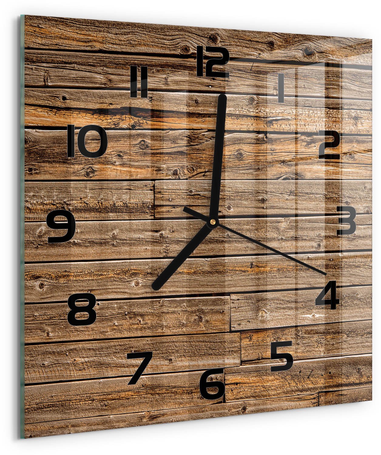 TULUP Wandklok - Houten muur Moderne Wandklok Glas - 30x30 cm - Bruin Wandklok Glas Decoratie - Zwarte handen - Vierkante Klok - Glazen Wandklok Design - Klok Glas Met Opdruk