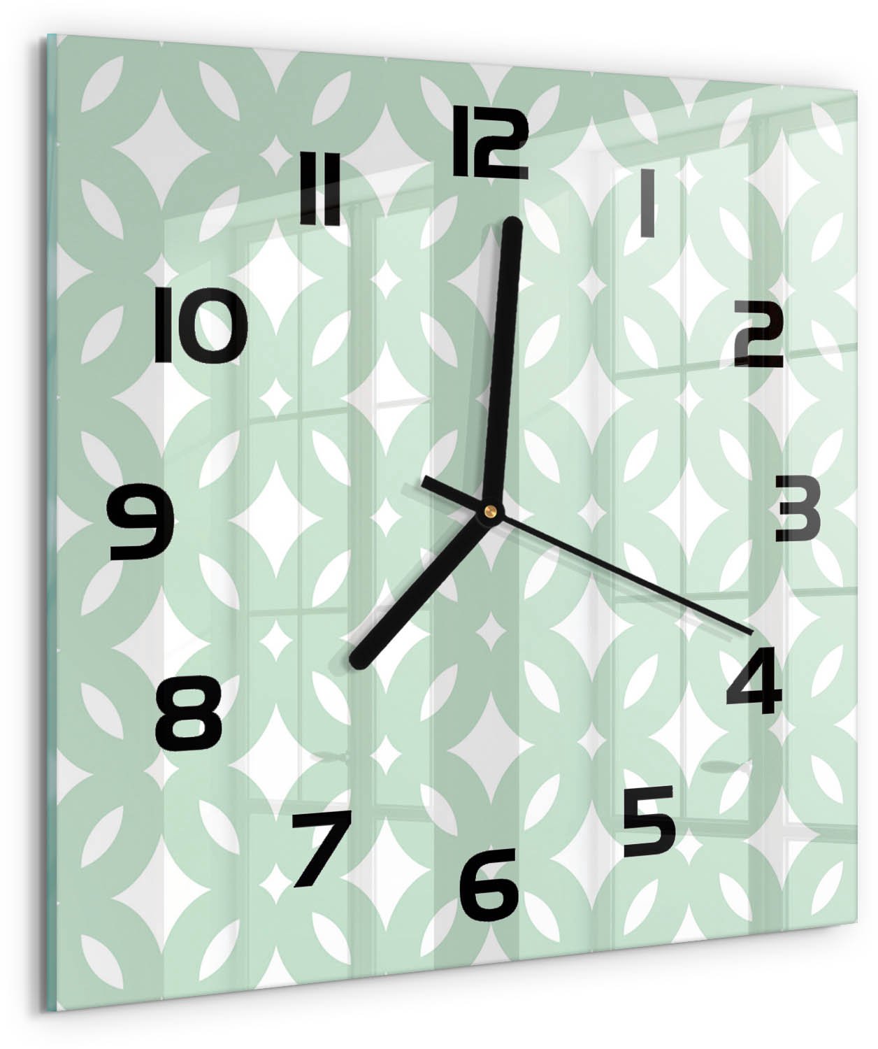 TULUP Wandklok - Geometrische achtergrond Glazen Klok Met Print - 30x30 cm - Groente Wandklok Glas Met Motief - Zwarte handen - Vierkante Klok - Wandklok Glas Decoratie - Gekleurde Glazen Klok