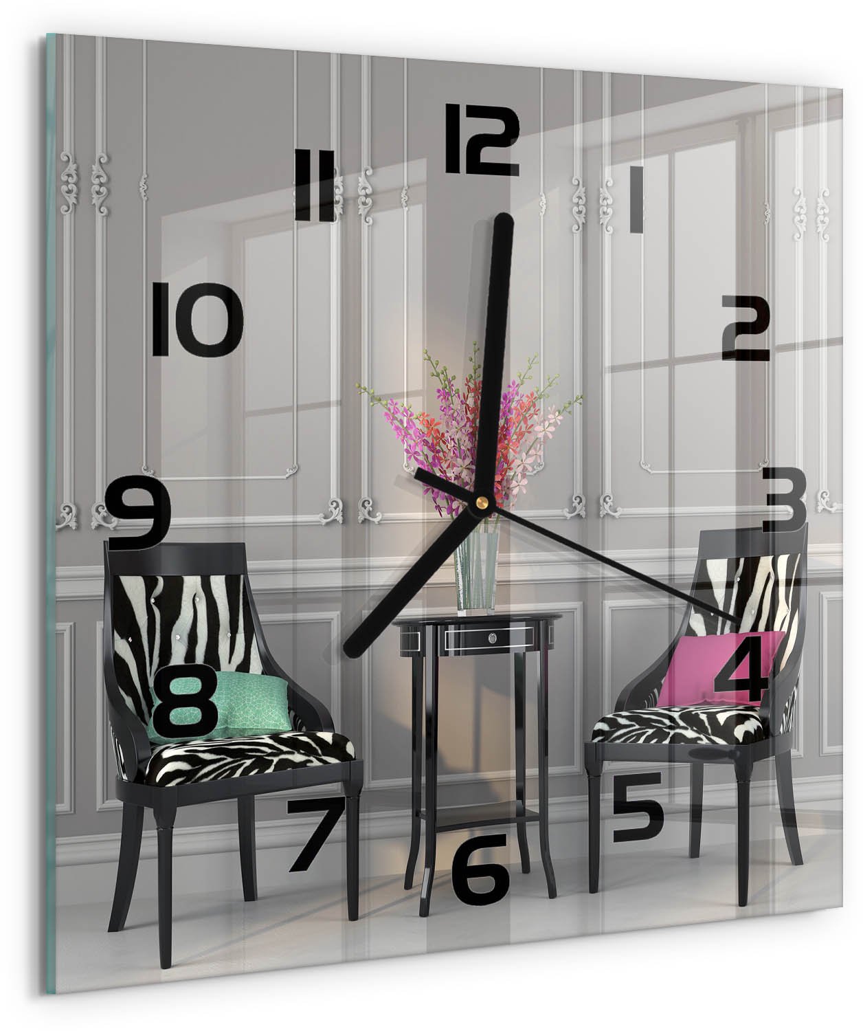 TULUP Wandklok - Twee stoelen Klok Glas Met Opdruk - 30x30 cm - Veelkleurig Moderne Wandklok Glas - Zwarte handen - Vierkante Klok - Decoratieve Glazen Klok - Glazen Wandklok Design