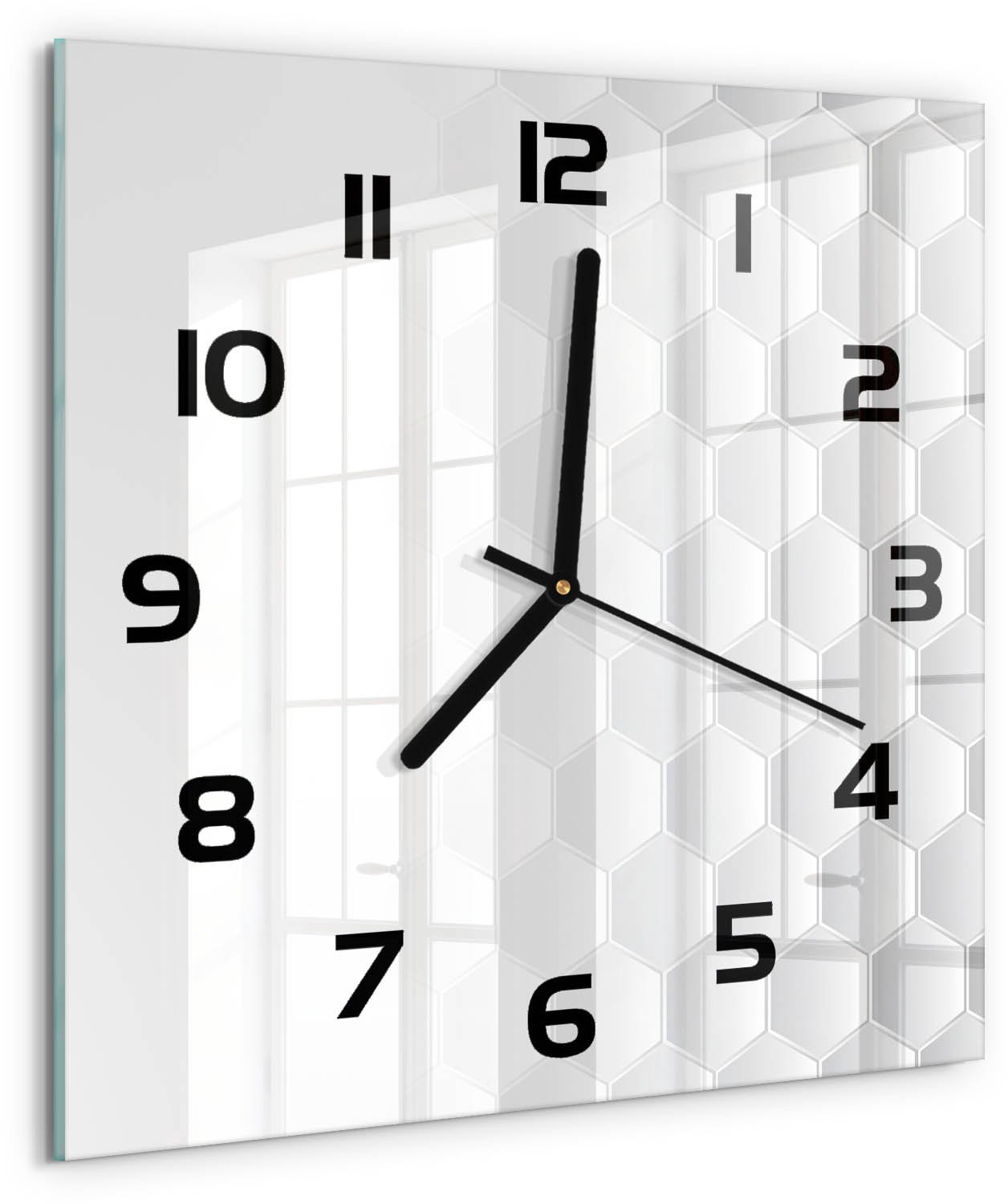 TULUP Wandklok - Zeshoekige achtergrond Decoratieve Glazen Klok - 30x30 cm - Wit Glazen Wandklok Design - Zwarte handen - Vierkante Klok - Glazen Klok Met Print - Wandklok Glas Met Motief