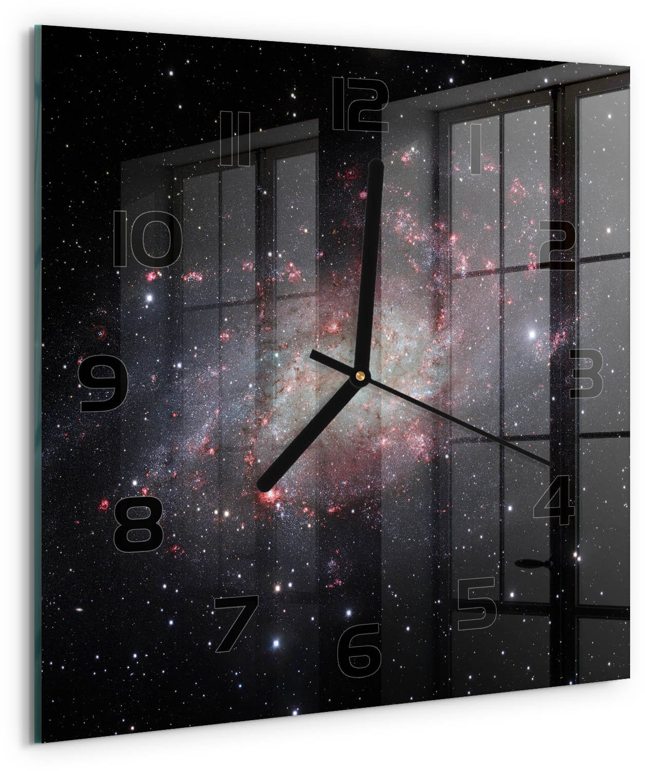 Tulup Wandklok - Mist Klok Glas Met Opdruk - 30x30 cm - Zwart Moderne Wandklok Glas - Zwarte handen - Vierkante Klok - Decoratieve Glazen Klok - Glazen Wandklok Design
