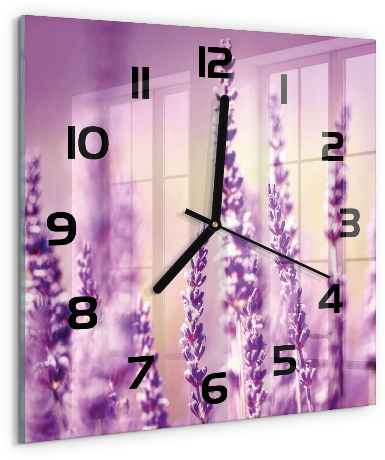 Tulup Wandklok - Lavendel Decoratieve Glazen Klok - 30x30 cm - Paars Glazen Wandklok Design - Zwarte handen - Vierkante Klok - Glazen Klok Met Print - Wandklok Glas Met Motief