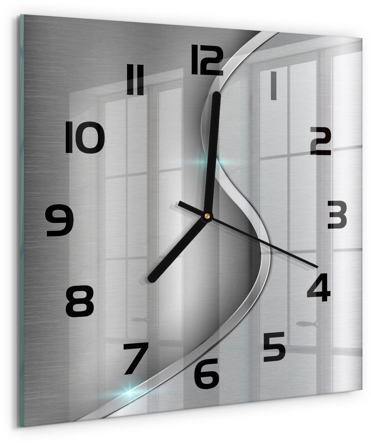 Tulup Wandklok - Metaalabstractie Glazen Wandklok Design - 30x30 cm - Zilver Klok Glas Met Opdruk - Zwarte handen - Vierkante Klok - Wandklok Glas Met Motief - Decoratieve Glazen Klok