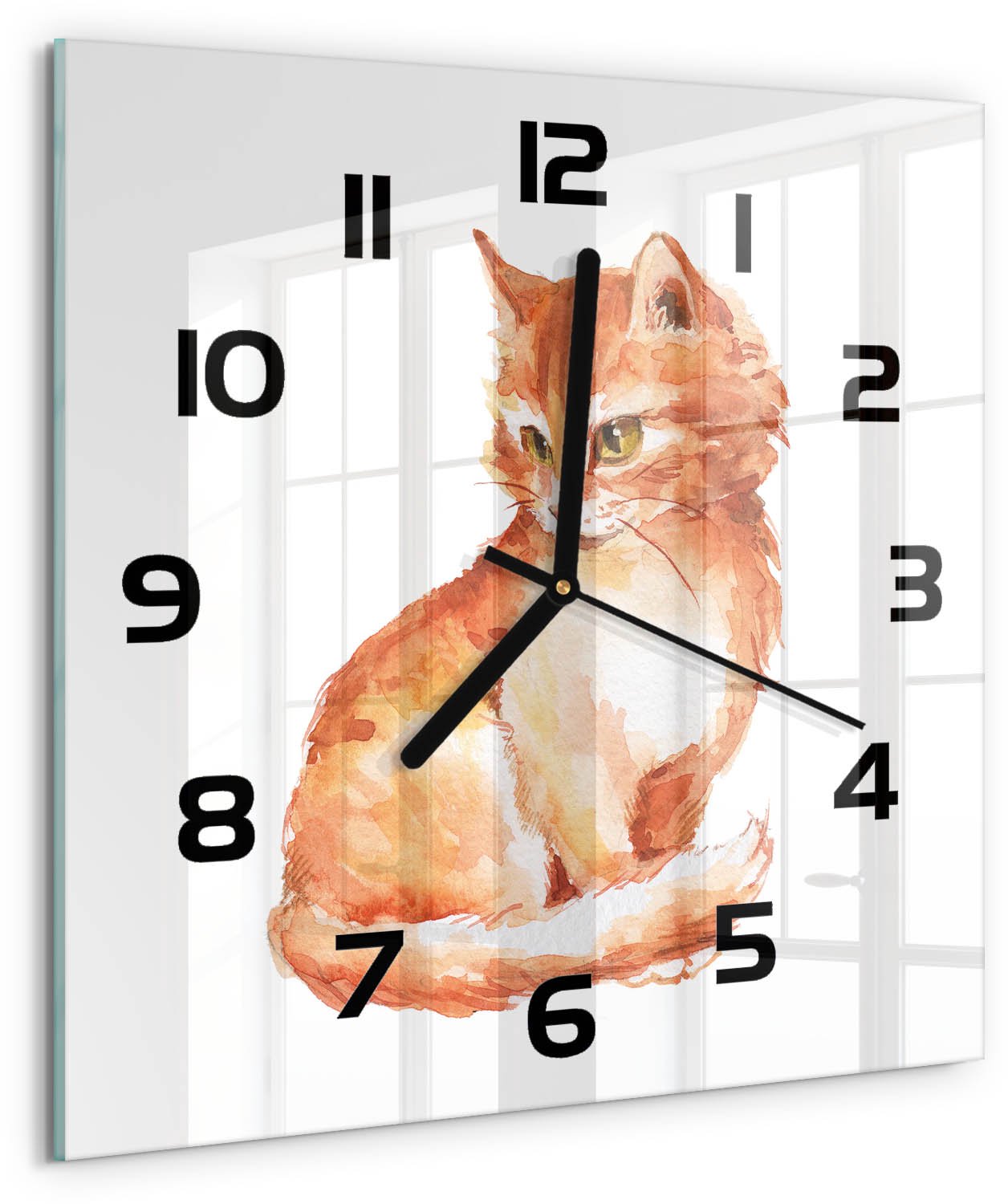 TULUP Wandklok - Rode Kat Glazen Wandklok Design - 30x30 cm - Oranje Klok Glas Met Opdruk - Zwarte handen - Vierkante Klok - Wandklok Glas Met Motief - Decoratieve Glazen Klok