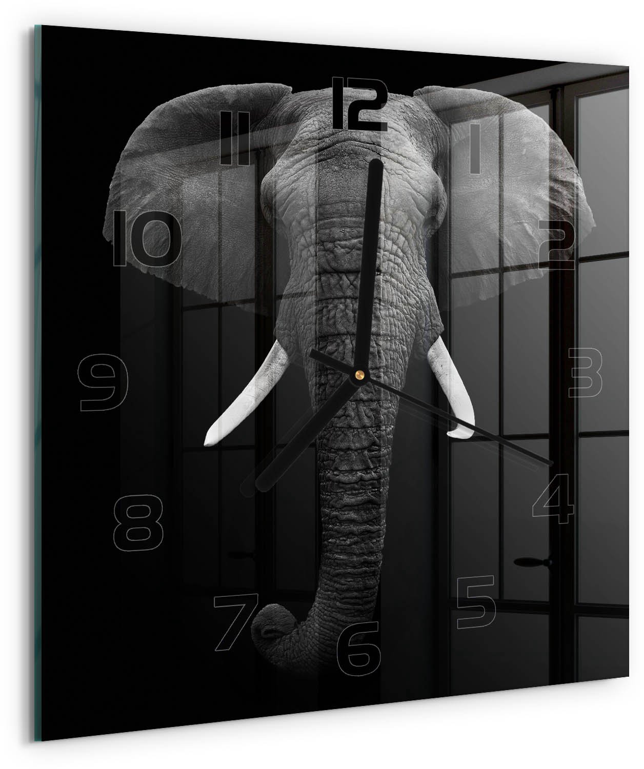 TULUP Wandklok - Afrikaanse olifant Wandklok Glas Decoratie - 30x30 cm - Zwart-wit Gekleurde Glazen Klok - Zwarte handen - Vierkante Klok - Klok Glas Met Opdruk - Moderne Wandklok Glas