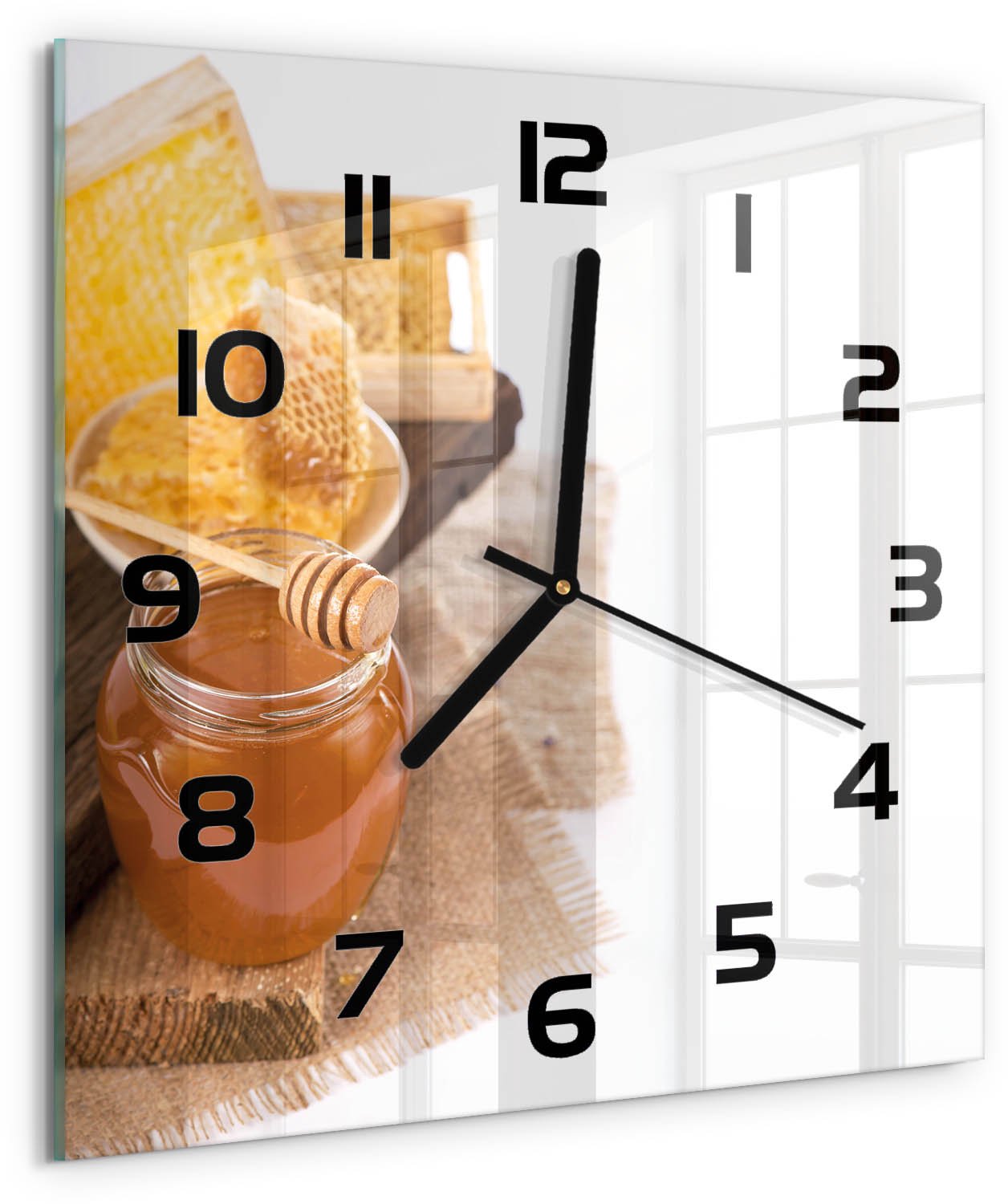 TULUP Wandklok - Honing Glazen Wandklok Design - 30x30 cm - Geel Klok Glas Met Opdruk - Zwarte handen - Vierkante Klok - Wandklok Glas Met Motief - Decoratieve Glazen Klok