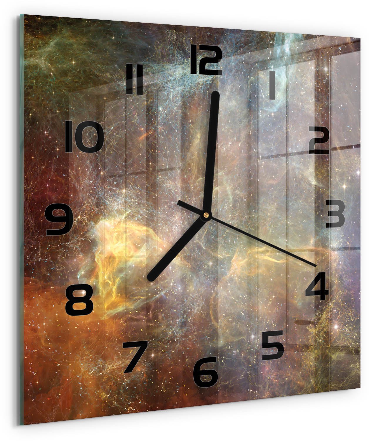 Tulup Wandklok - Kosmos Gekleurde Glazen Klok - 30x30 cm - Veelkleurig Glazen Klok Met Print - Zwarte handen - Vierkante Klok - Moderne Wandklok Glas - Wandklok Glas Decoratie