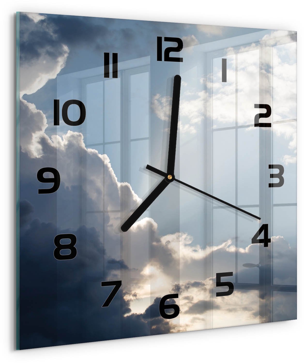 Tulup Wandklok - Wolken aan de hemel Glazen Wandklok Design - 30x30 cm - Blauw Klok Glas Met Opdruk - Zwarte handen - Vierkante Klok - Wandklok Glas Met Motief - Decoratieve Glazen Klok