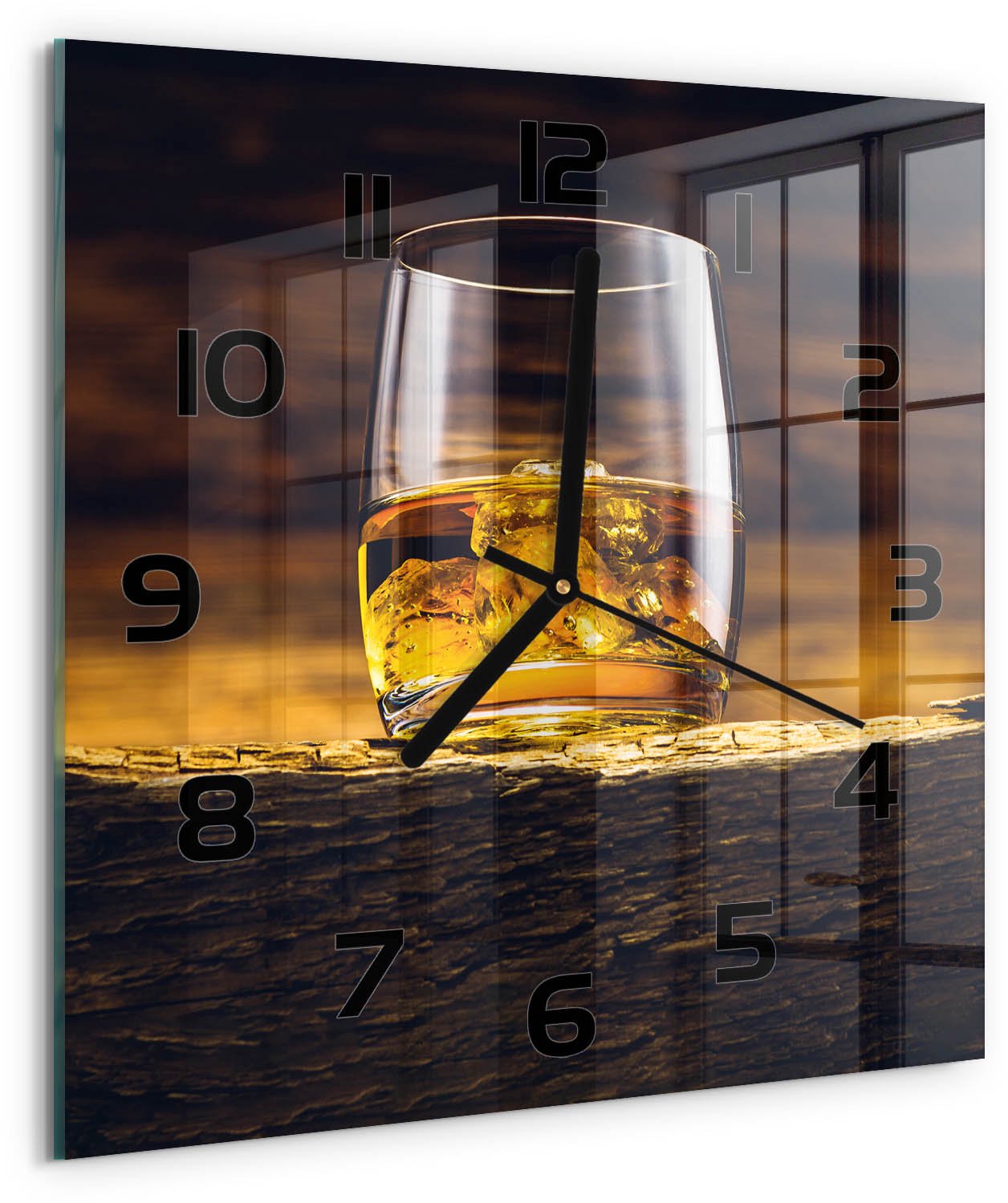 Tulup Wandklok - Bourbon in een glas Klok Glas Met Opdruk - 30x30 cm - Geel Moderne Wandklok Glas - Zwarte handen - Vierkante Klok - Decoratieve Glazen Klok - Glazen Wandklok Design