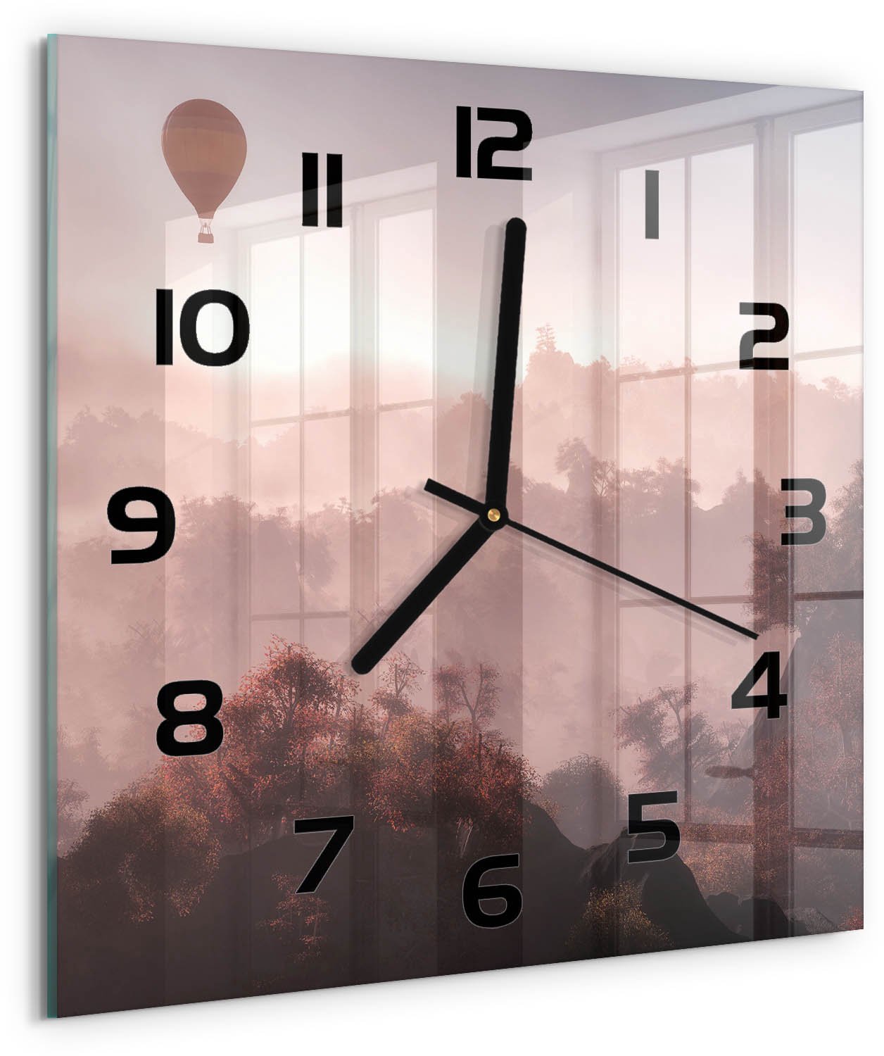 Tulup Wandklok - Ballonvaart boven het bos Wandklok Glas Met Motief - 30x30 cm - Bruin Decoratieve Glazen Klok - Zwarte handen - Vierkante Klok - Gekleurde Glazen Klok - Glazen Klok Met Print