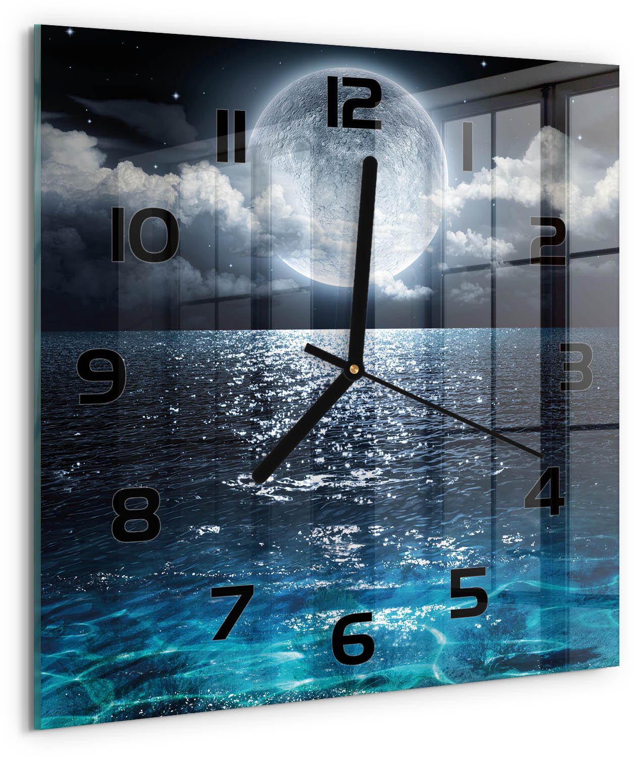 Tulup Wandklok - Volle maan Klok Glas Met Opdruk - 30x30 cm - Blauw Moderne Wandklok Glas - Zwarte handen - Vierkante Klok - Decoratieve Glazen Klok - Glazen Wandklok Design