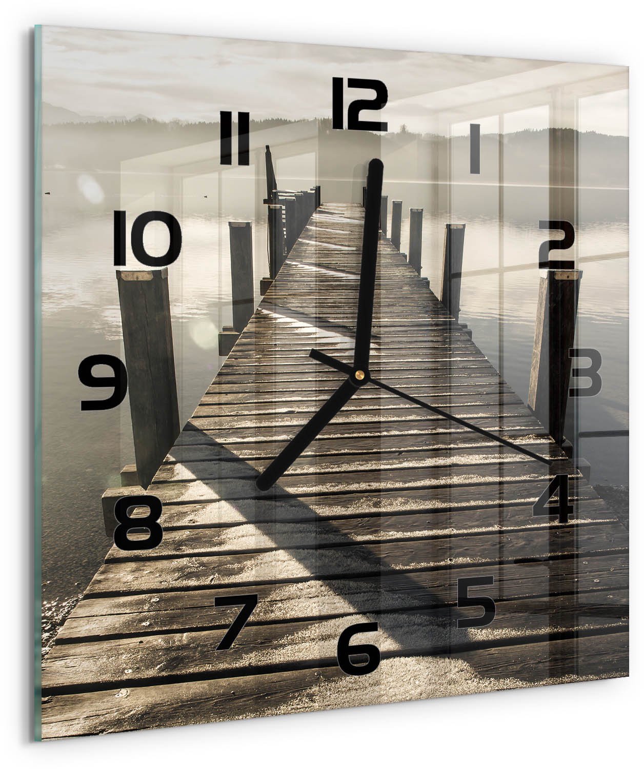 TULUP Wandklok - Houten brug Wandklok Glas Decoratie - 30x30 cm - Bruin Gekleurde Glazen Klok - Zwarte handen - Vierkante Klok - Klok Glas Met Opdruk - Moderne Wandklok Glas