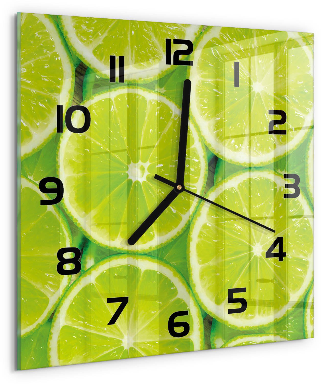 Tulup Wandklok - Limoenen Wandklok Glas Decoratie - 30x30 cm - Groente Gekleurde Glazen Klok - Zwarte handen - Vierkante Klok - Klok Glas Met Opdruk - Moderne Wandklok Glas