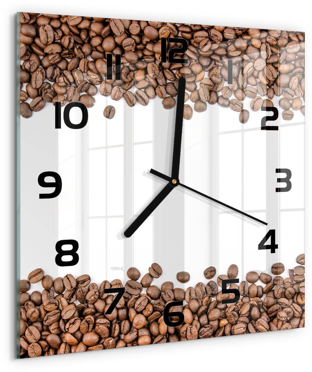 Tulup Wandklok - Koffiebonen Decoratieve Glazen Klok - 30x30 cm - Bruin Glazen Wandklok Design - Zwarte handen - Vierkante Klok - Glazen Klok Met Print - Wandklok Glas Met Motief