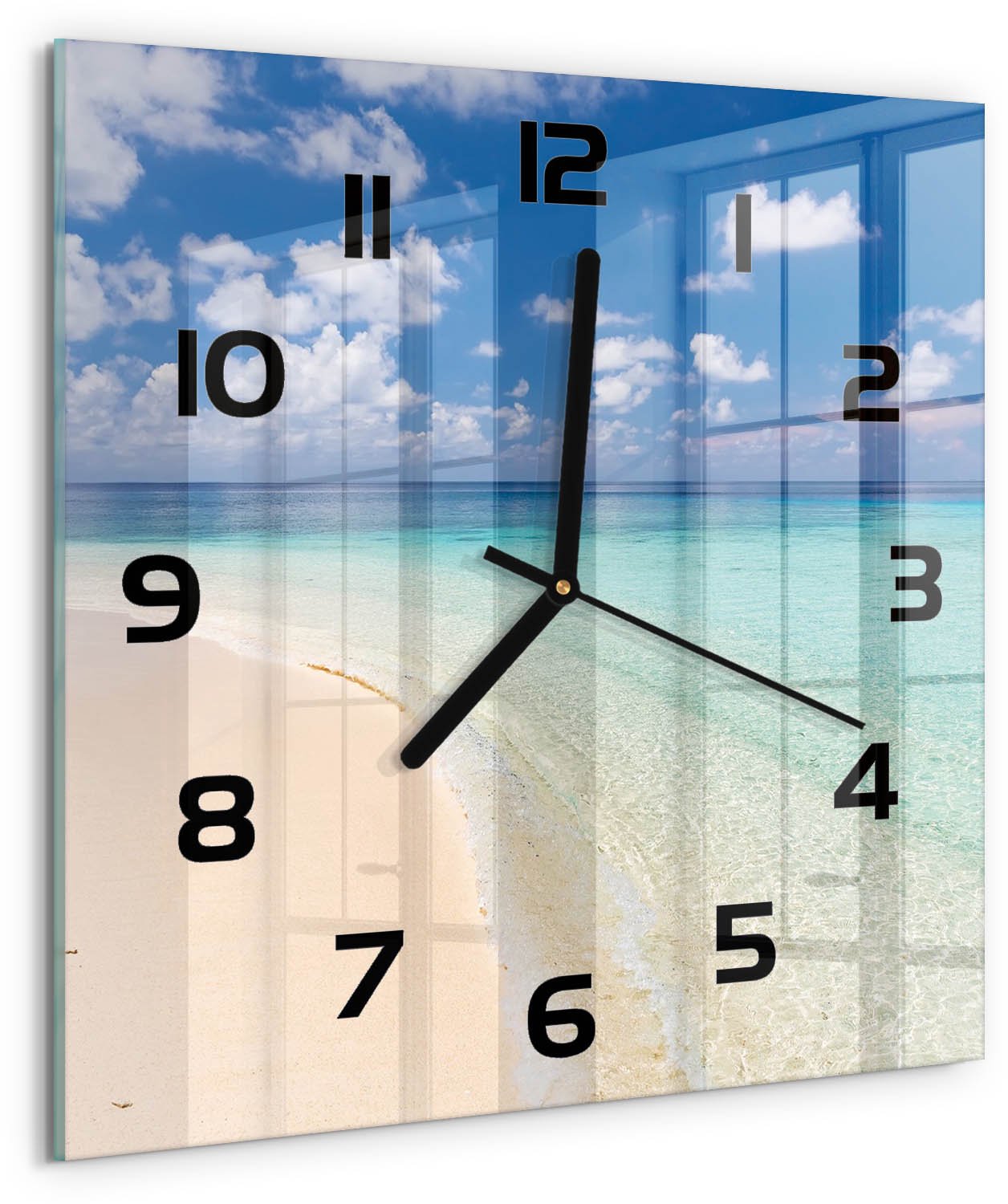 Tulup Wandklok - Strand op de Malediven Wandklok Glas Decoratie - 30x30 cm - Blauw Gekleurde Glazen Klok - Zwarte handen - Vierkante Klok - Klok Glas Met Opdruk - Moderne Wandklok Glas