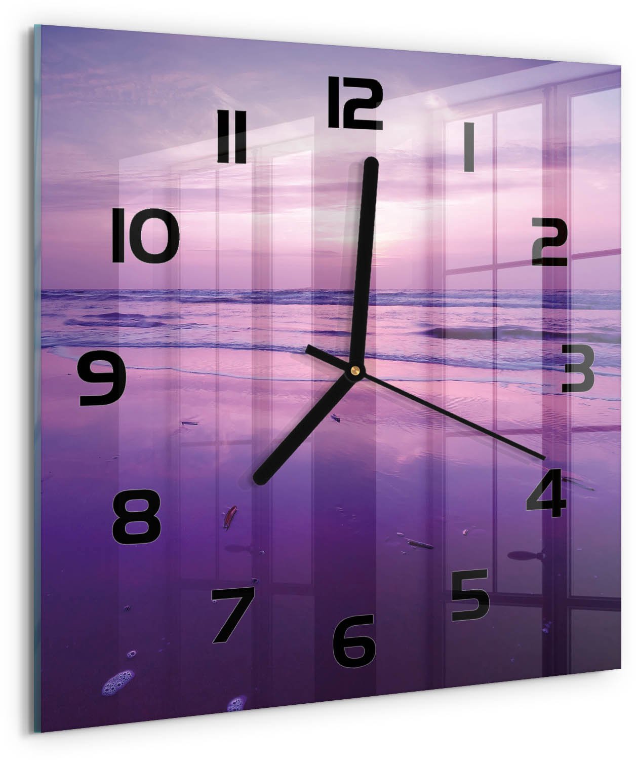 Tulup Wandklok - Zonsondergang Zee Glazen Klok Met Print - 30x30 cm - Paars Wandklok Glas Met Motief - Zwarte handen - Vierkante Klok - Wandklok Glas Decoratie - Gekleurde Glazen Klok