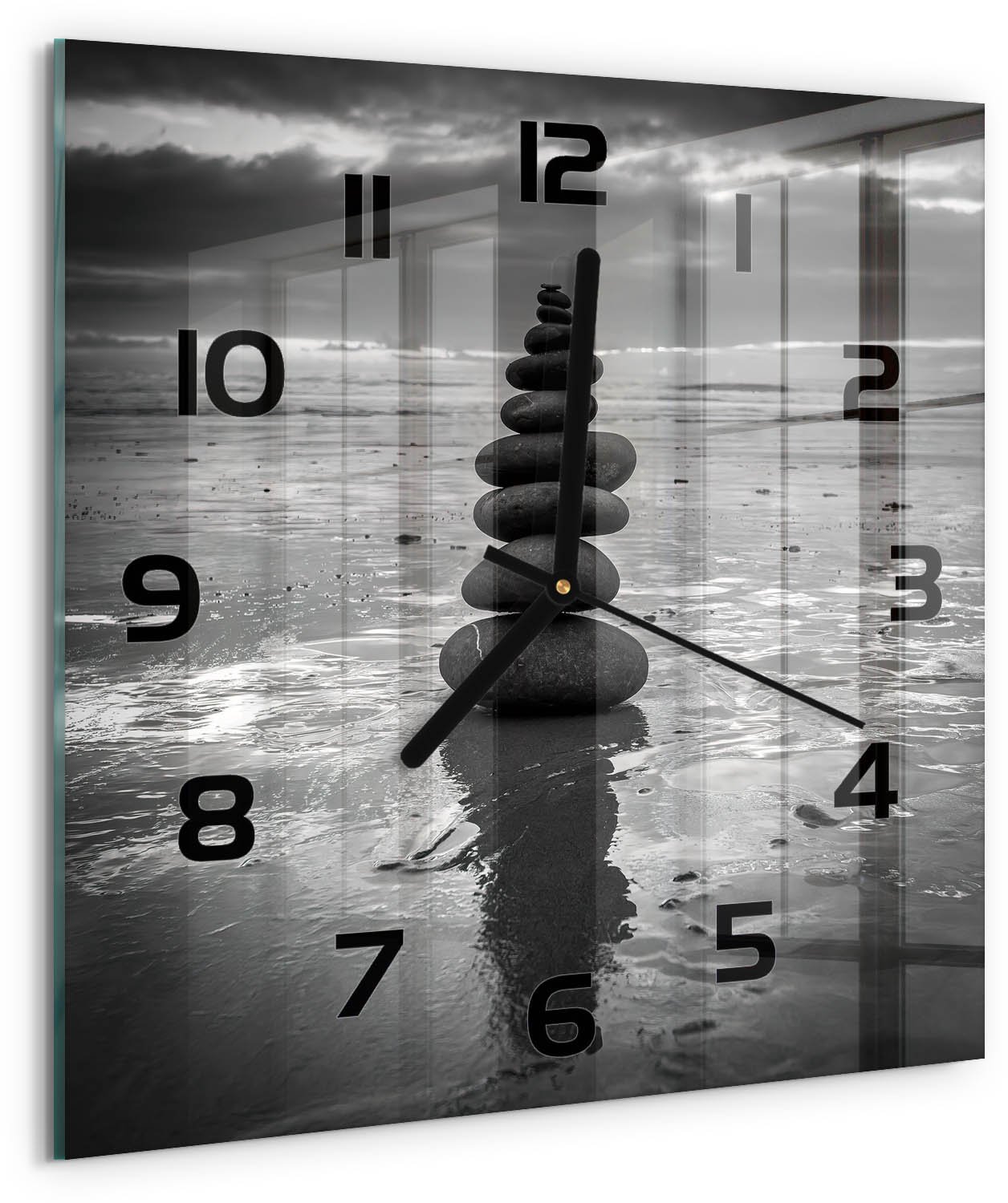 TULUP Wandklok - Balancerende stenen Klok Glas Met Opdruk - 30x30 cm - Zwart-wit Moderne Wandklok Glas - Zwarte handen - Vierkante Klok - Decoratieve Glazen Klok - Glazen Wandklok Design