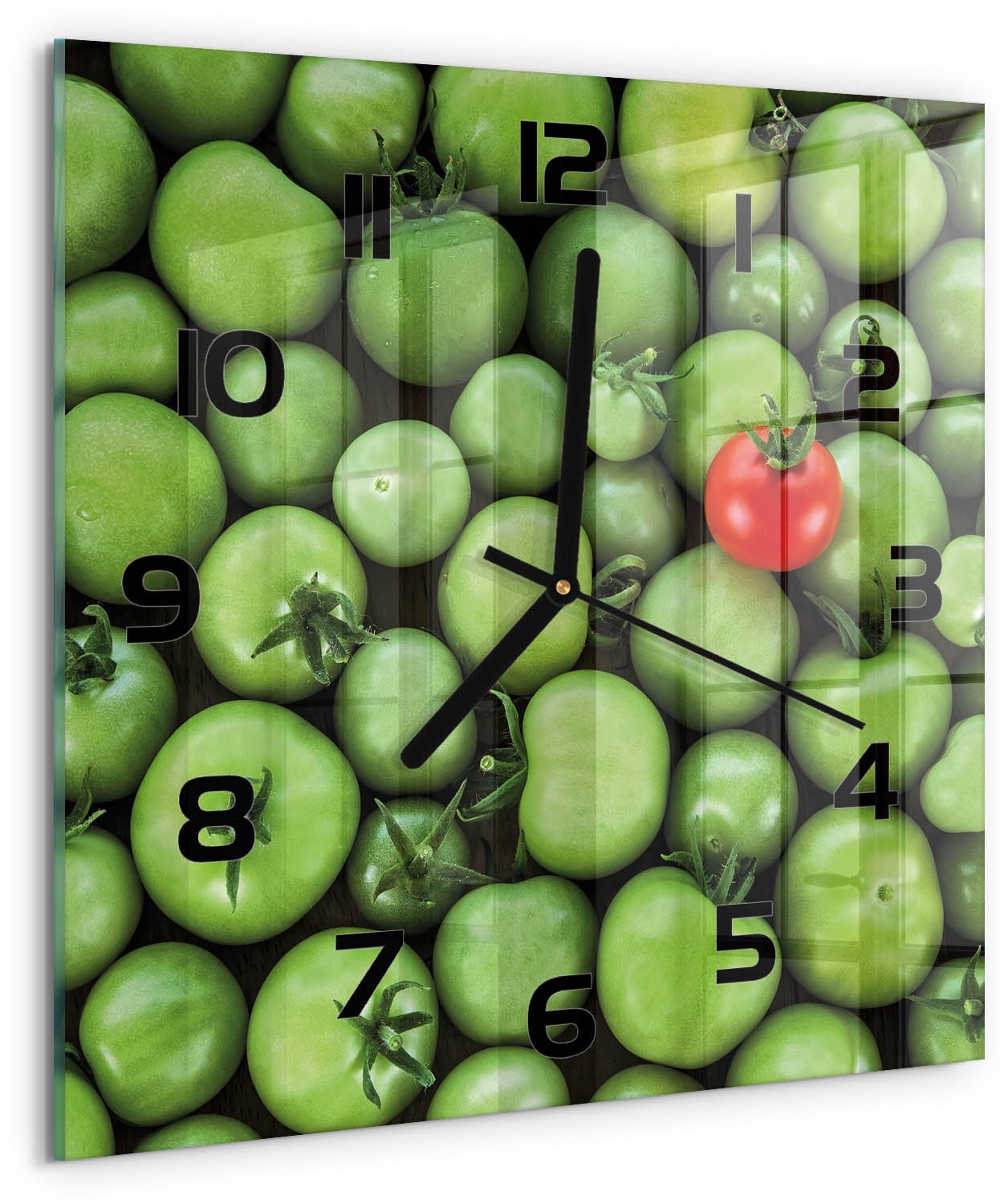Tulup Wandklok - Rijpe tomaat Decoratieve Glazen Klok - 30x30 cm - Rood Glazen Wandklok Design - Zwarte handen - Vierkante Klok - Glazen Klok Met Print - Wandklok Glas Met Motief