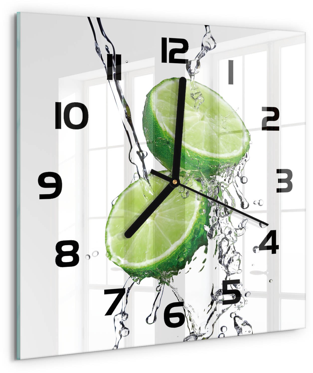 Tulup Wandklok - Kalk en water Glazen Wandklok Design - 30x30 cm - Groente Klok Glas Met Opdruk - Zwarte handen - Vierkante Klok - Wandklok Glas Met Motief - Decoratieve Glazen Klok