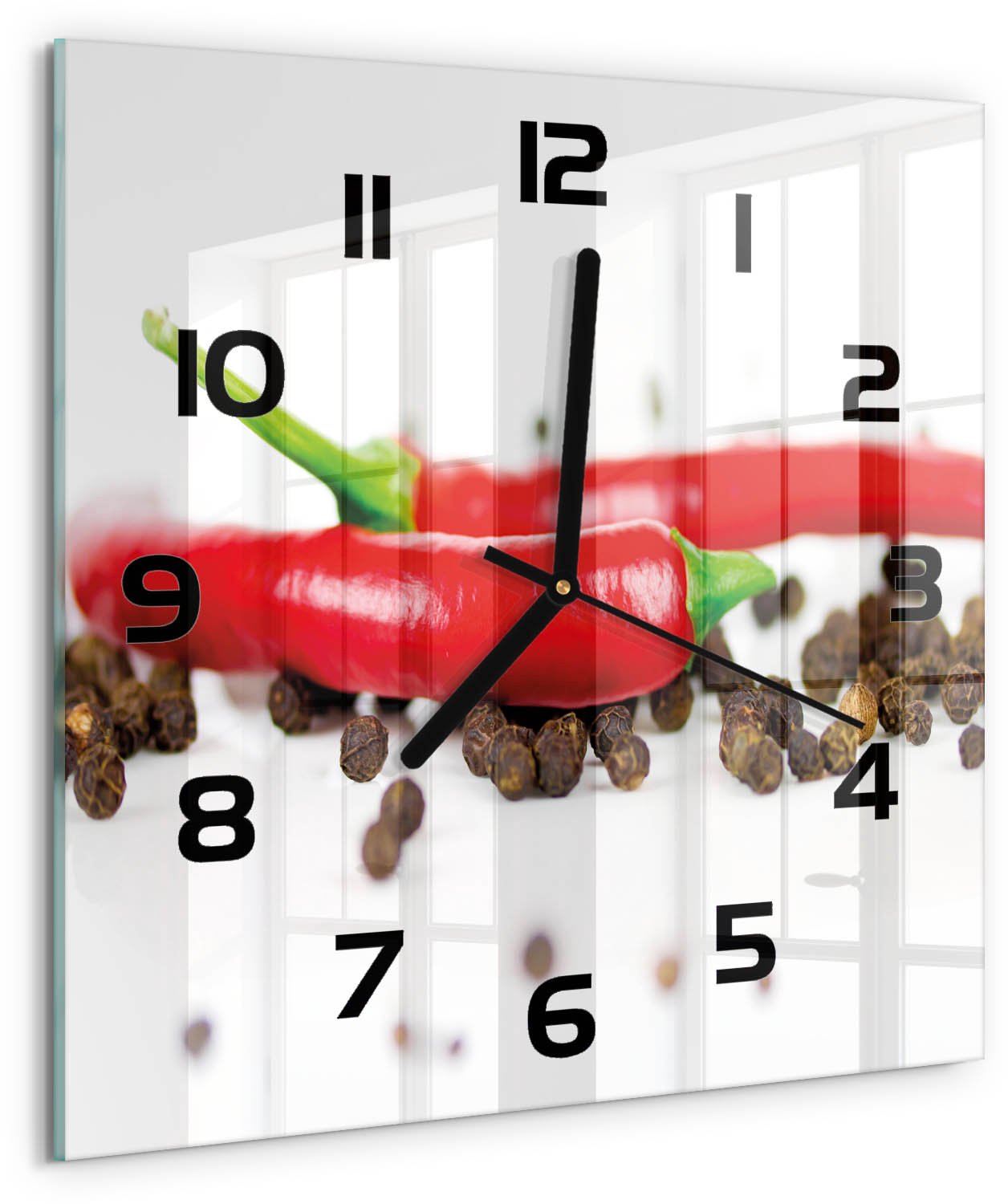 TULUP Wandklok - Chili en peper Gekleurde Glazen Klok - 30x30 cm - Rood Glazen Klok Met Print - Zwarte handen - Vierkante Klok - Moderne Wandklok Glas - Wandklok Glas Decoratie