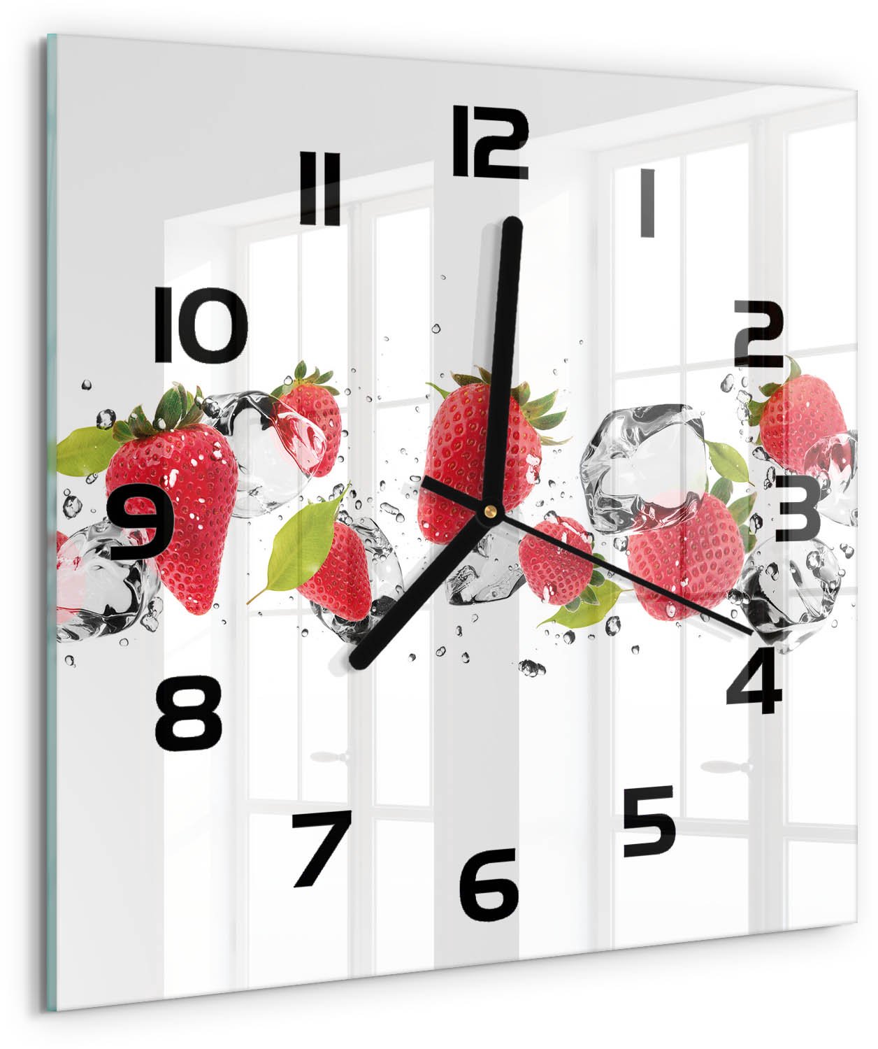 TULUP Wandklok - Aardbeien en water Decoratieve Glazen Klok - 30x30 cm - Rood Glazen Wandklok Design - Zwarte handen - Vierkante Klok - Glazen Klok Met Print - Wandklok Glas Met Motief