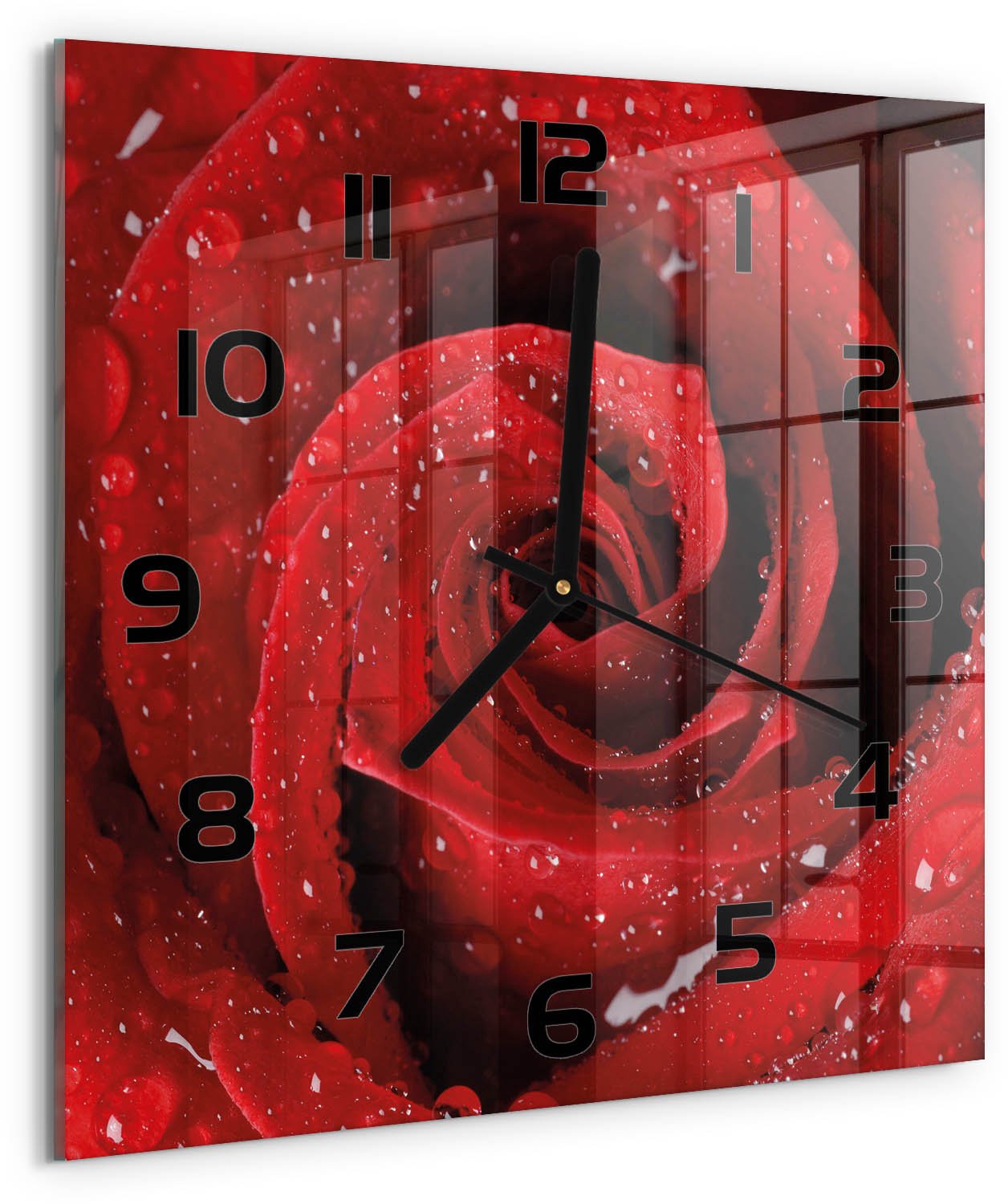 TULUP Wandklok - Druppels op de roos Decoratieve Glazen Klok - 30x30 cm - Rood Glazen Wandklok Design - Zwarte handen - Vierkante Klok - Glazen Klok Met Print - Wandklok Glas Met Motief
