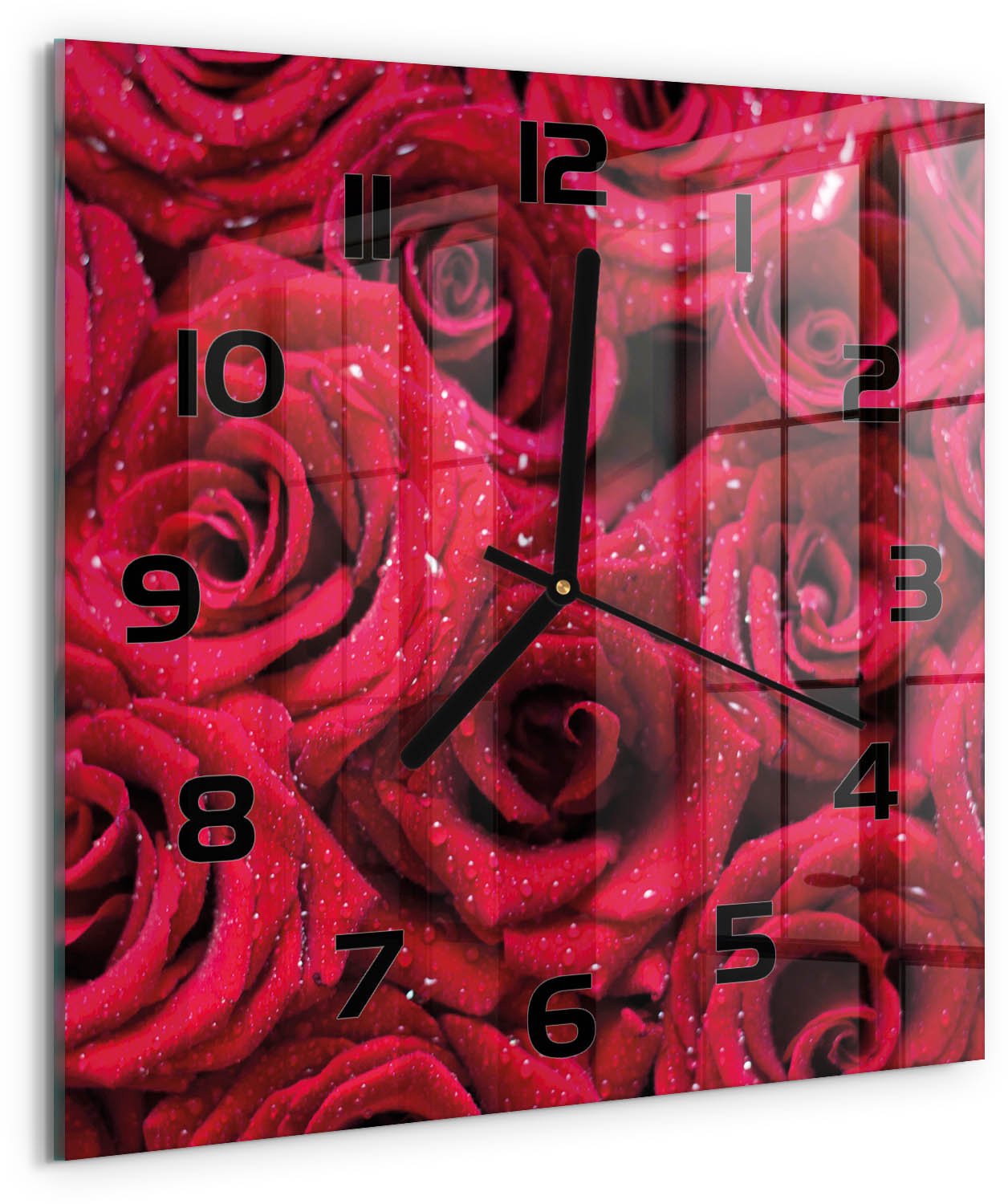 TULUP Wandklok - Druppels op rozen Klok Glas Met Opdruk - 30x30 cm - Rood Moderne Wandklok Glas - Zwarte handen - Vierkante Klok - Decoratieve Glazen Klok - Glazen Wandklok Design