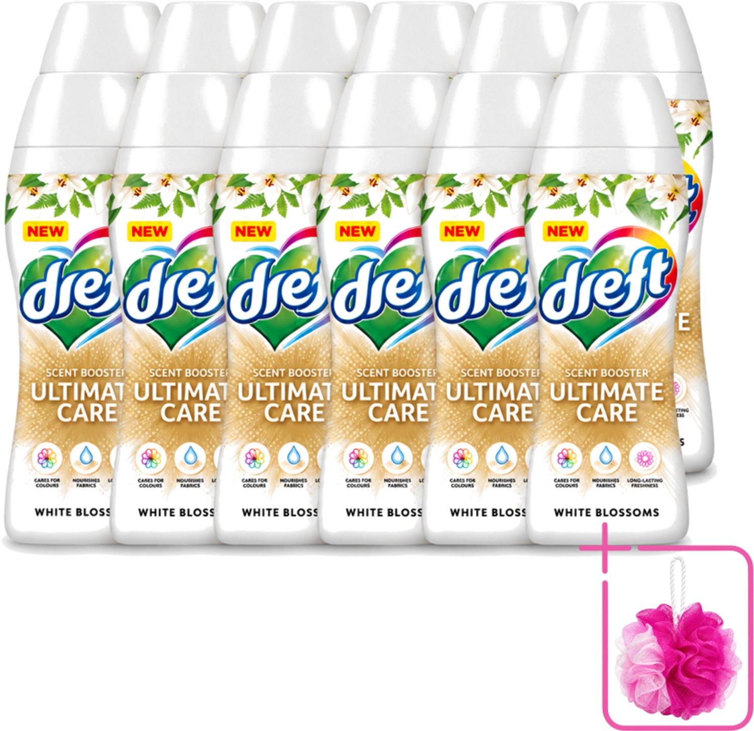 12 x Dreft - Ultimate Care - Wasverzachter - Geurbooster - Gekleurde Was - Witte Bloem - 15 Wasbeurten - Bulkverpakking - Wasmiddel - Douchemop - Geurbooster