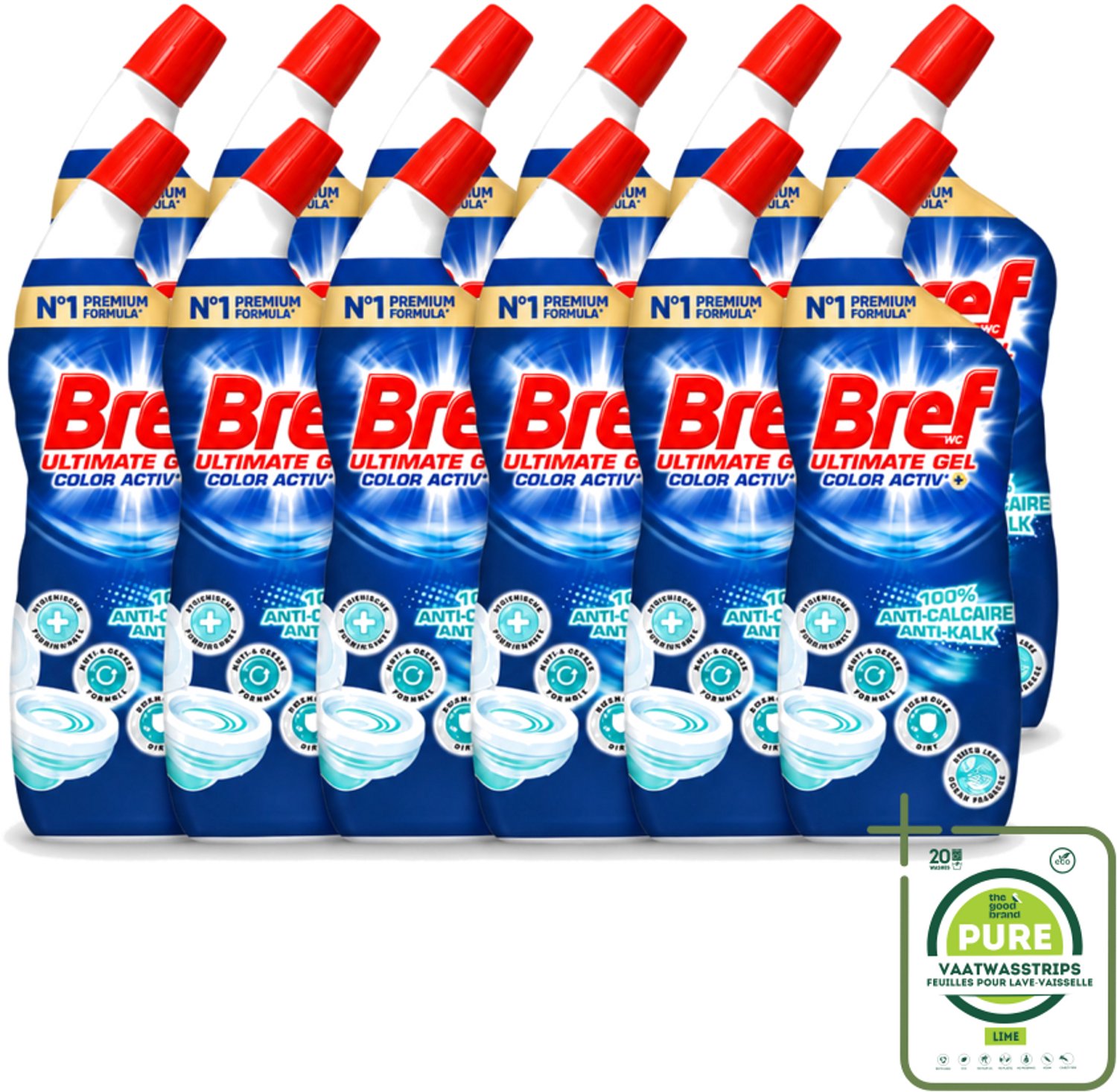 12 x Bref WC - Color Activ+ - Toiletreiniger - Gel - Anti-Kalk - Oceaan - 700 ml - Grootverpakking - Vaatwasstrips - Toilet Reinigen - Anti-kalk - Oceaanfrisse Geur - Toilet Reinigingsgel - Toilet Schoonmaken