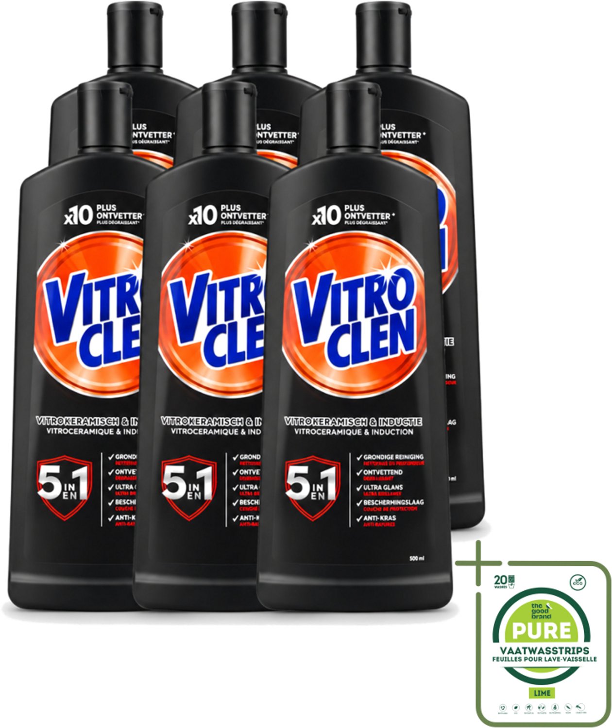 6 x Vitroclen - Kookplaatreiniger - Keramisch & Inductie - 5 in 1 - 500 ml - Grootverpakking - Vaatwasstrips - Keramische Kookplaat Reinigen - Inductiekookplaat Reinigen - Kookplaat Reiniger - Kookplaat Beschermen - Vlekken Verwijderen